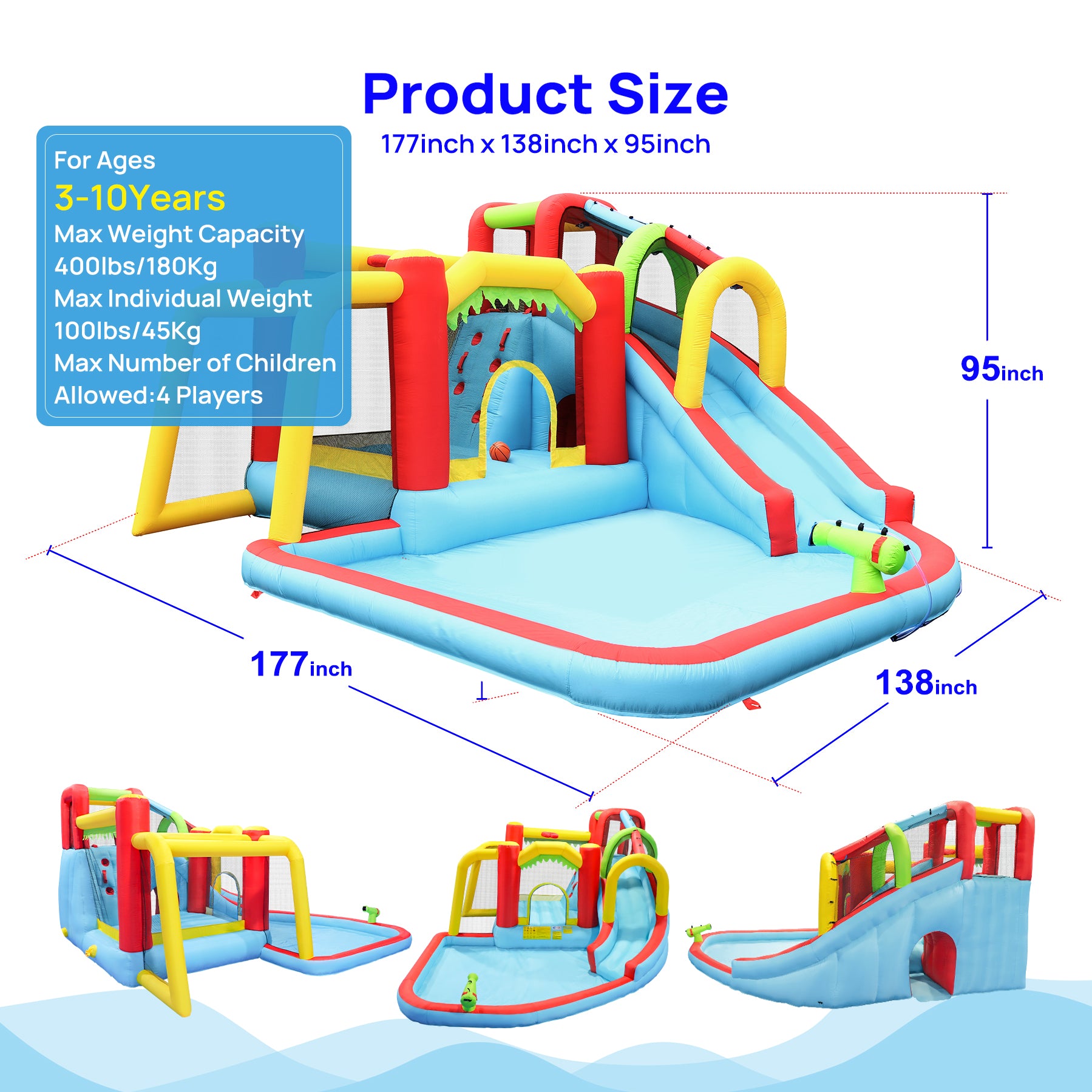 7 in1 Inflatable slide water park bouncing house outdoor Soccer garden bouncer with Splash pool  & Water gun & Climbing wall & Basketball & Football