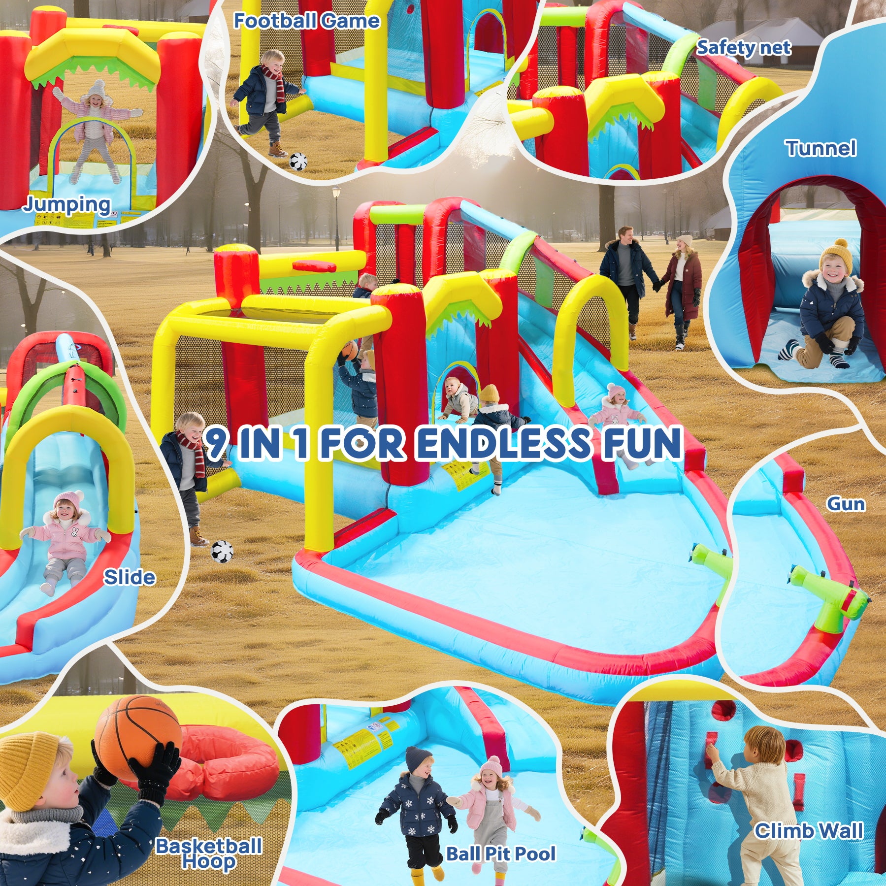 7 in1 Inflatable slide water park bouncing house outdoor Soccer garden bouncer with Splash pool  & Water gun & Climbing wall & Basketball & Football