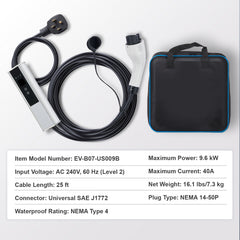 Level 2 Portable EV Charger, 40A 240V, Electric Vehicle Charger with 25 ft Charging Cable NEMA 14-50P Plug, 40A/32A/24A/16A Adjustable Current Plug-in Home EV Charging Station for SAE J1772 EVs