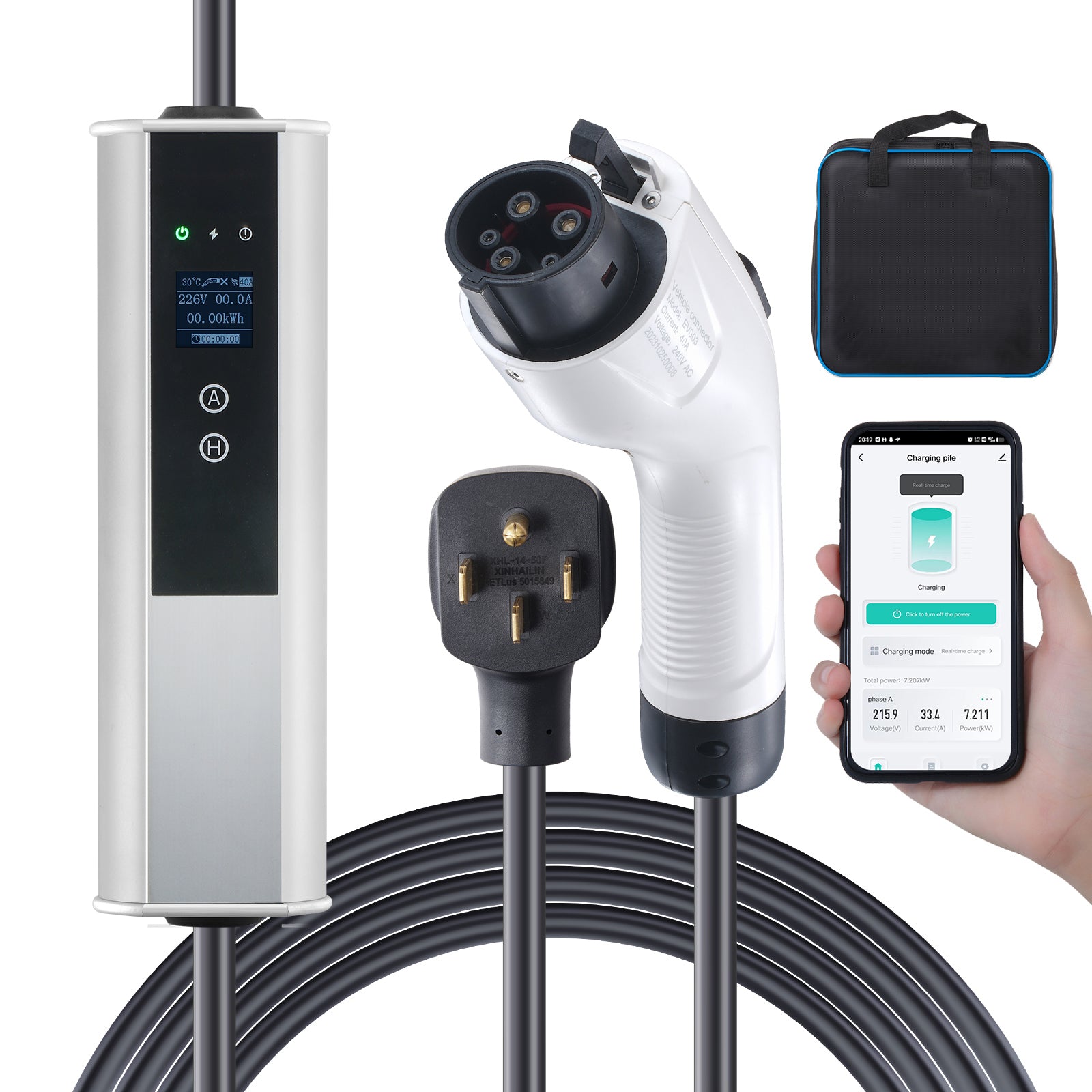 Level 2 Portable EV Charger, 40A 240V, Electric Vehicle Charger with 25 ft Charging Cable NEMA 14-50P Plug, 40A/32A/24A/16A Adjustable Current Plug-in Home EV Charging Station for SAE J1772 EVs