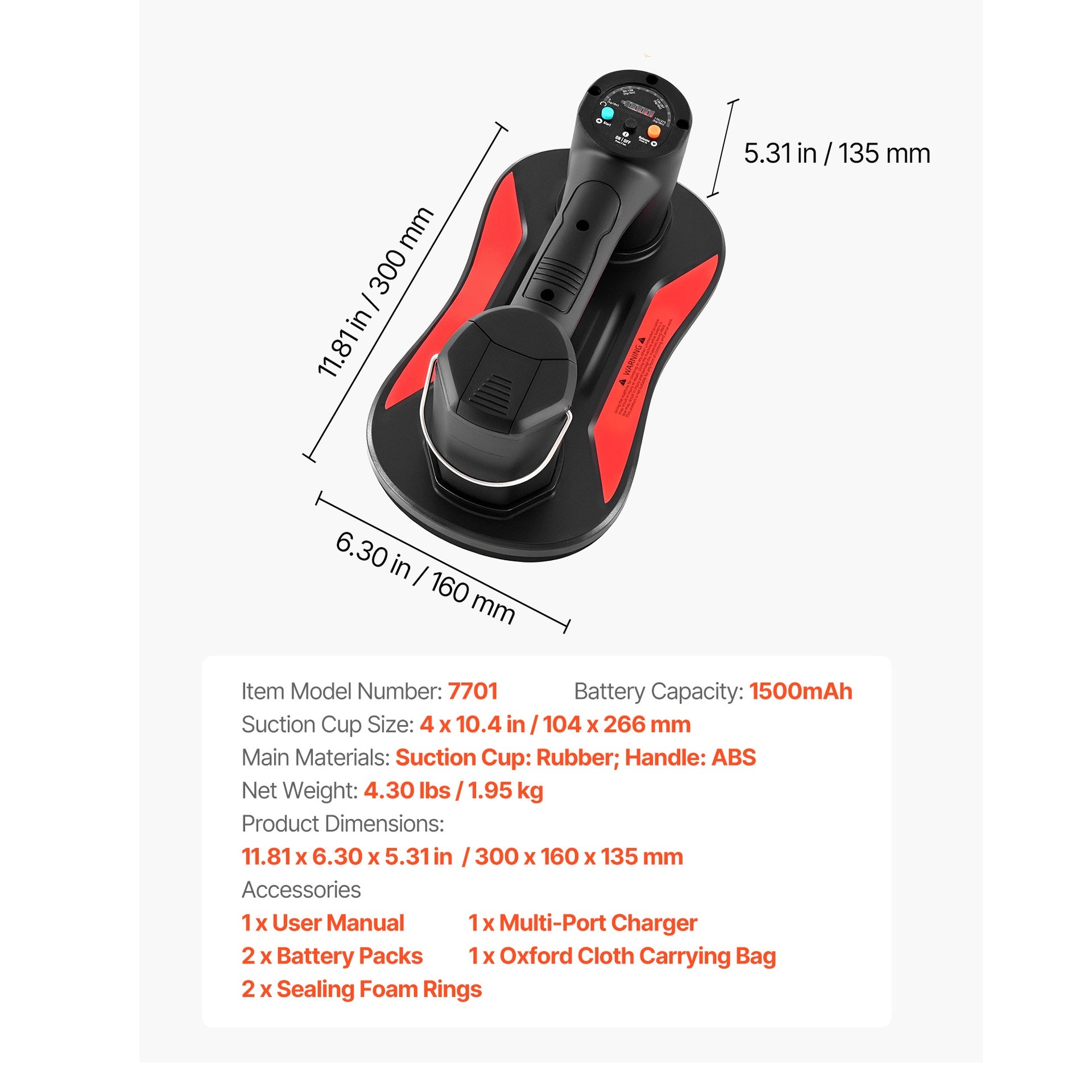 Electric Vacuum Suction Cup, 375 lbs Max Lifting Capacity, Vacuum Glass Lifter with Digital Display, Heavy Duty Tile Suction Cup Tool for Lifting Tile, Granite, Wood, Paver, Drywall, Windows