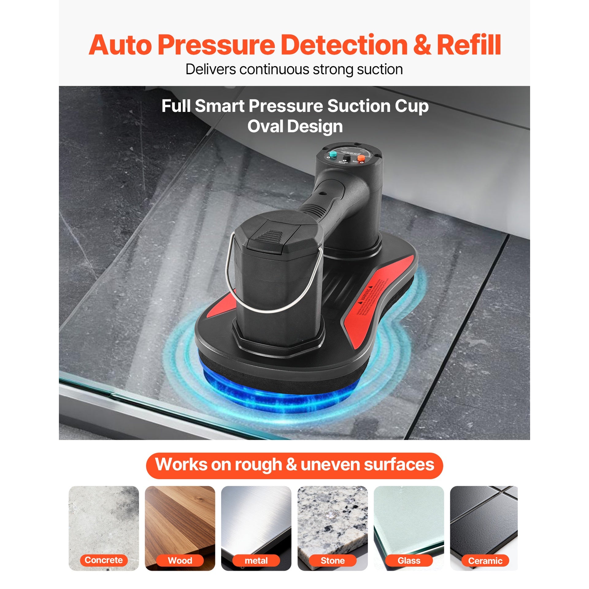 Electric Vacuum Suction Cup, 375 lbs Max Lifting Capacity, Vacuum Glass Lifter with Digital Display, Heavy Duty Tile Suction Cup Tool for Lifting Tile, Granite, Wood, Paver, Drywall, Windows