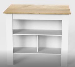 Kitchen Island, kitchen table 35" H, Four Legs, Three Open Storage  Shelves, White / Light Oak