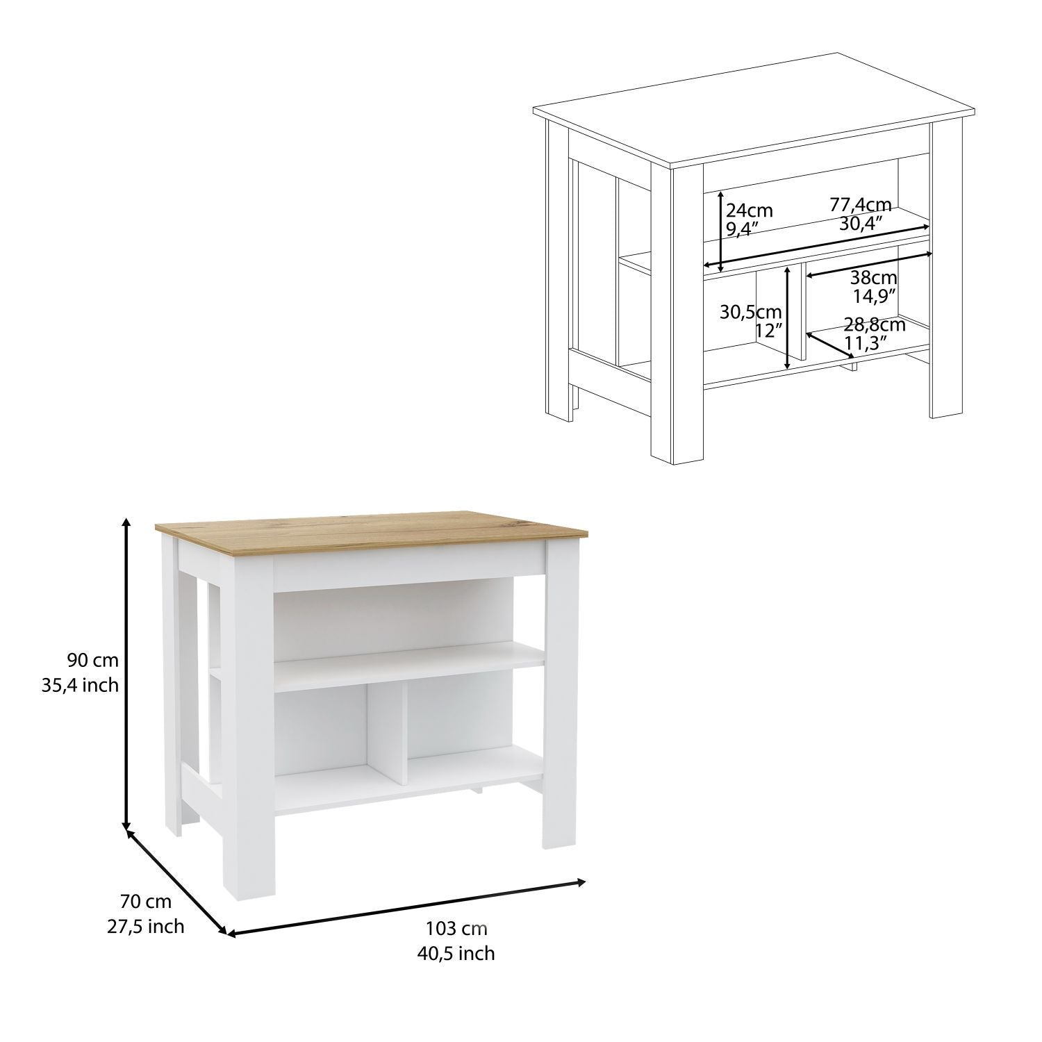 Kitchen Island, kitchen table 35" H, Four Legs, Three Open Storage  Shelves, White / Light Oak