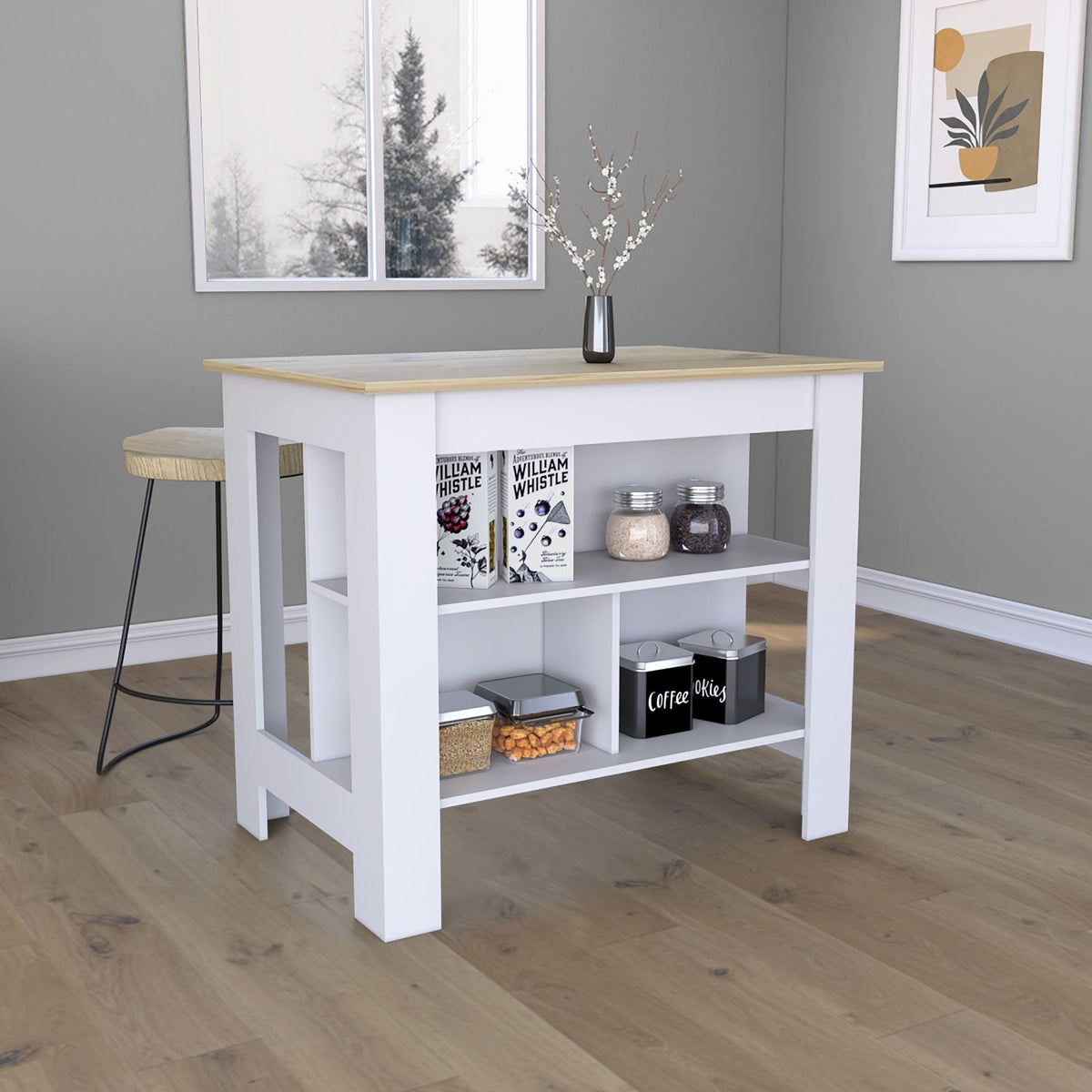Kitchen Island, kitchen table 35" H, Four Legs, Three Open Storage  Shelves, White / Light Oak