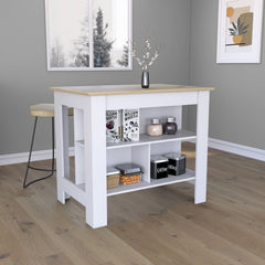 Kitchen Island, kitchen table 35" H, Four Legs, Three Open Storage  Shelves, White / Light Oak
