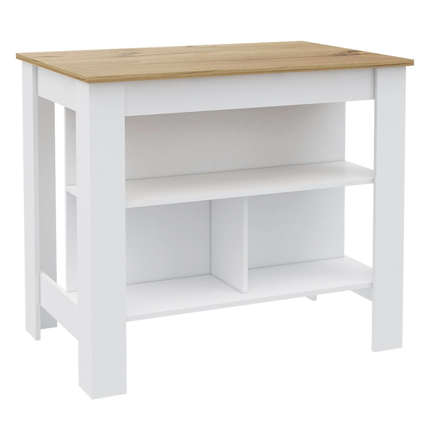 Kitchen Island, kitchen table 35" H, Four Legs, Three Open Storage  Shelves, White / Light Oak