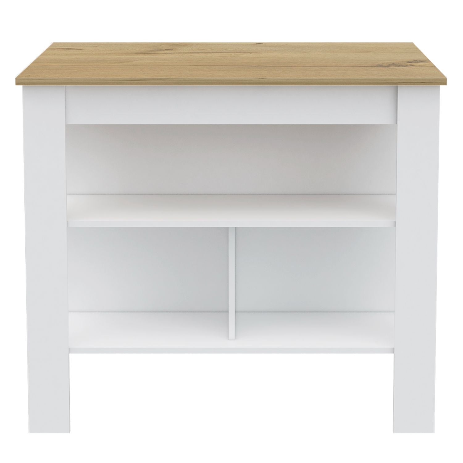 Kitchen Island, kitchen table 35" H, Four Legs, Three Open Storage  Shelves, White / Light Oak