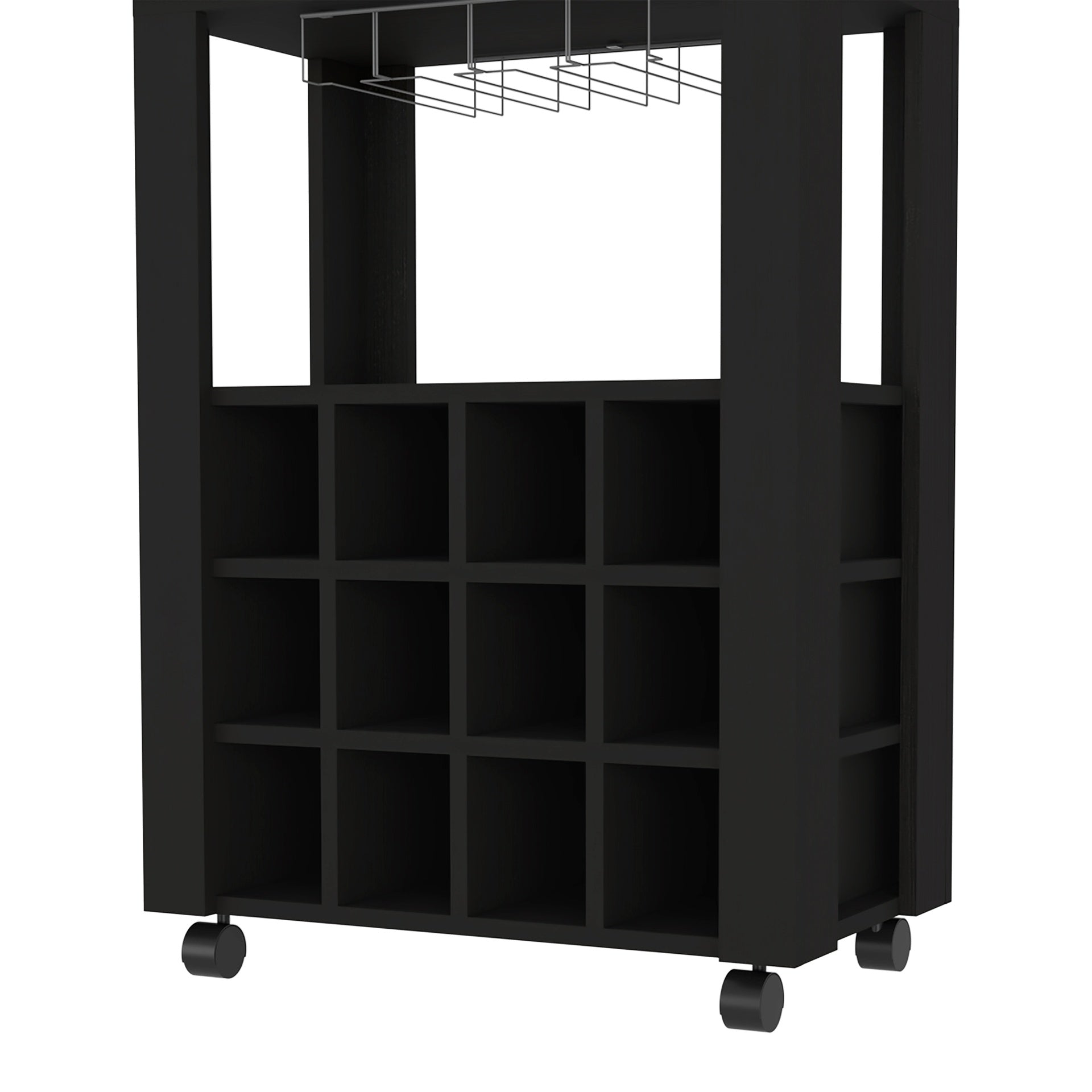 39" H black bar- coffee cart, Kitchen or living room cabinet storage, with 12 bottle racks, a central shelf with  1 Cup holders, 1 drawer ideal for storing small things