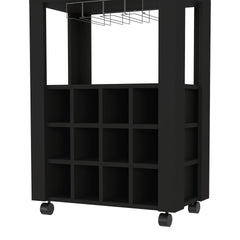39" H black bar- coffee cart, Kitchen or living room cabinet storage, with 12 bottle racks, a central shelf with  1 Cup holders, 1 drawer ideal for storing small things