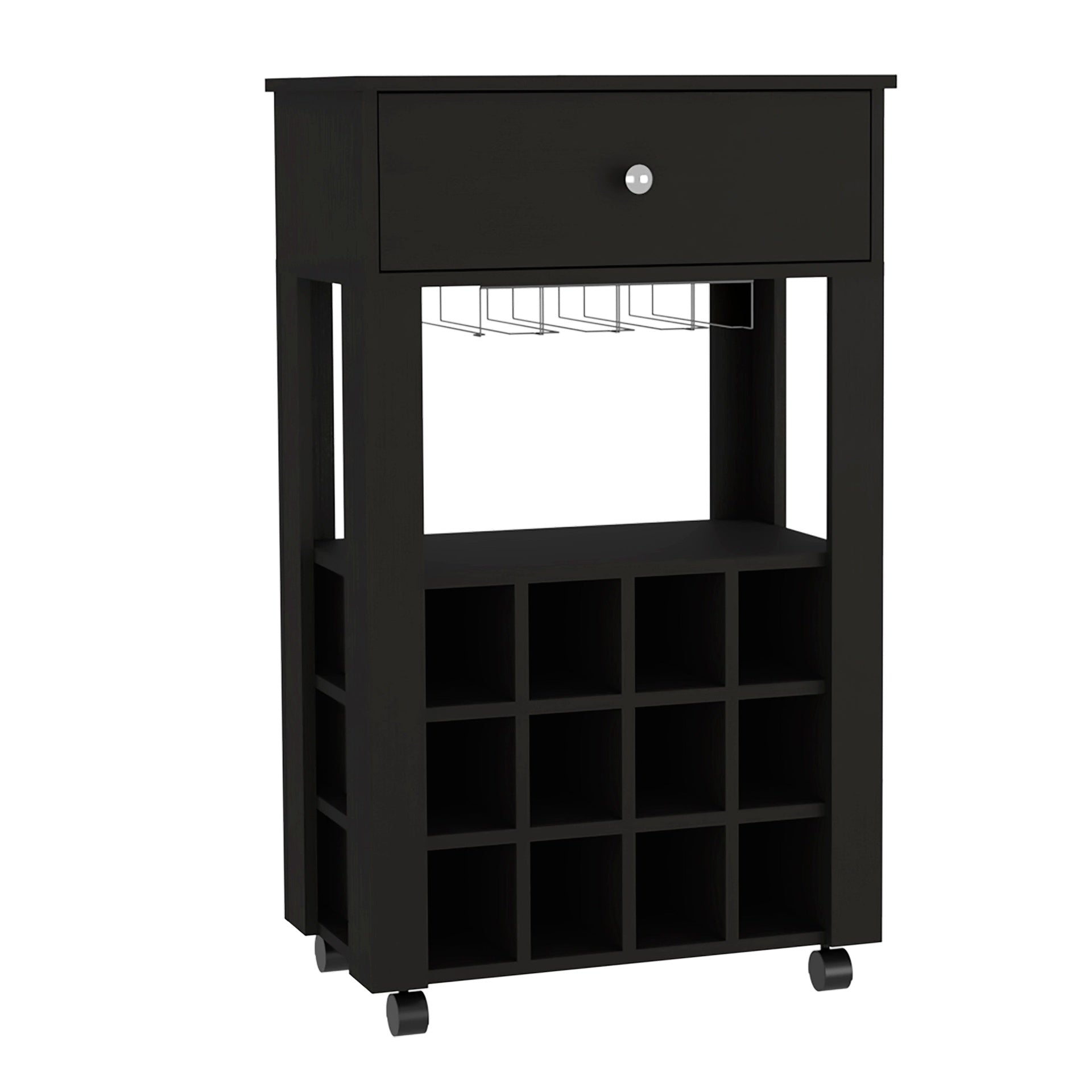 39" H black bar- coffee cart, Kitchen or living room cabinet storage, with 12 bottle racks, a central shelf with  1 Cup holders, 1 drawer ideal for storing small things
