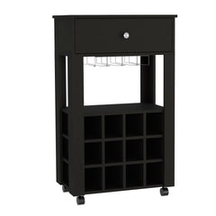 39" H black bar- coffee cart, Kitchen or living room cabinet storage, with 12 bottle racks, a central shelf with  1 Cup holders, 1 drawer ideal for storing small things