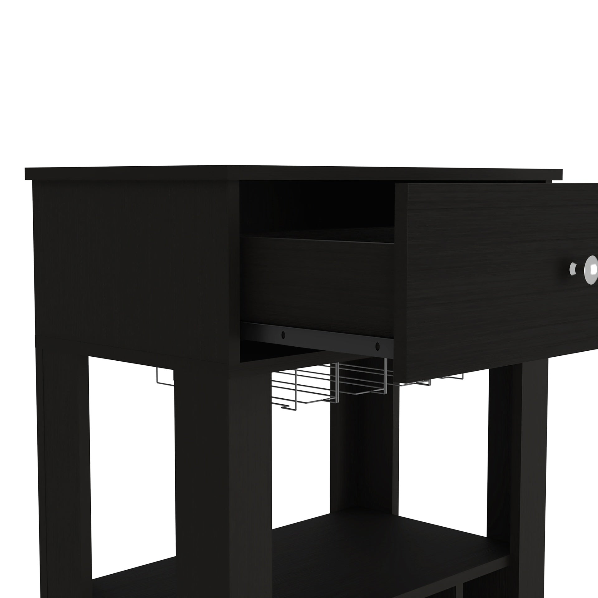 39" H black bar- coffee cart, Kitchen or living room cabinet storage, with 12 bottle racks, a central shelf with  1 Cup holders, 1 drawer ideal for storing small things