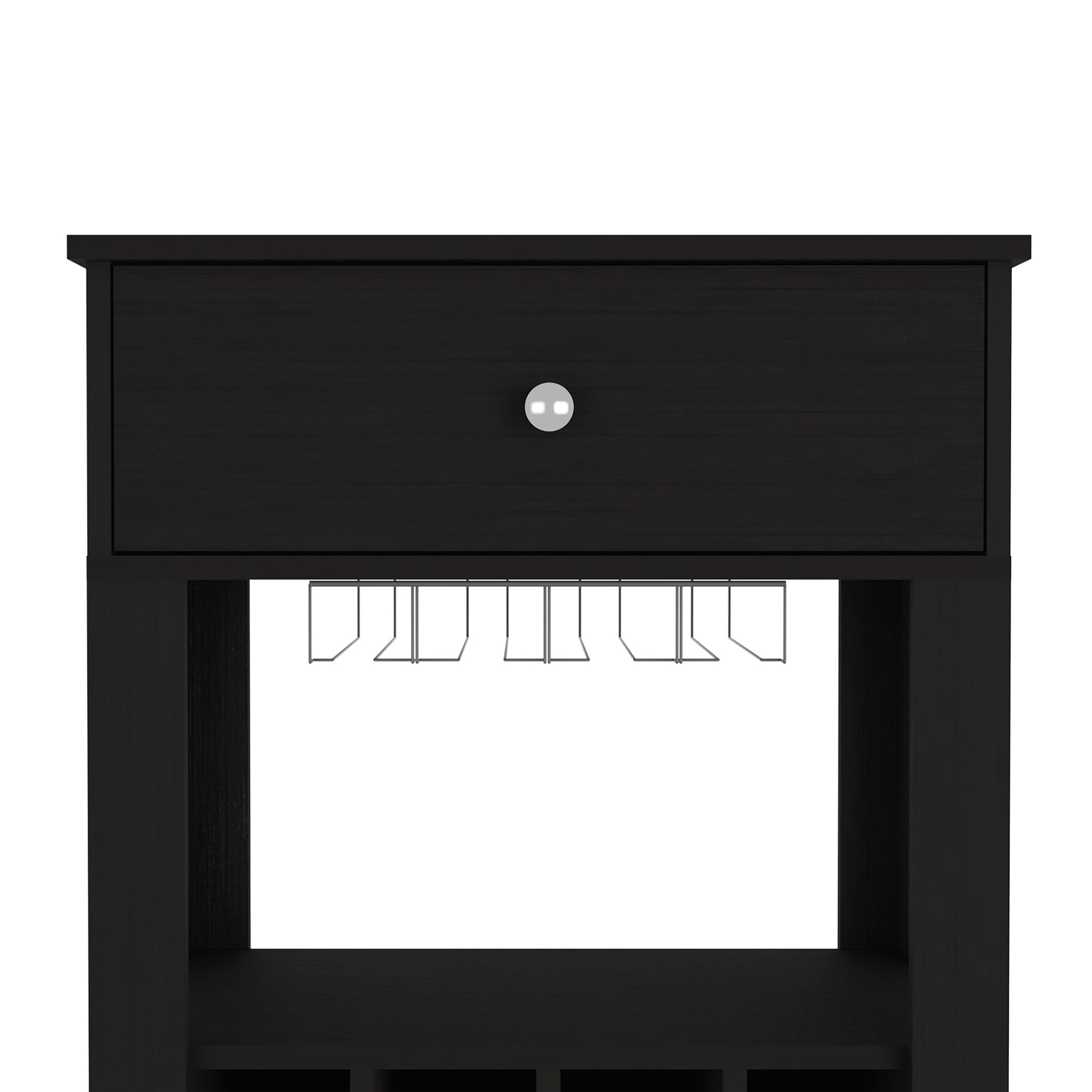 39" H black bar- coffee cart, Kitchen or living room cabinet storage, with 12 bottle racks, a central shelf with  1 Cup holders, 1 drawer ideal for storing small things