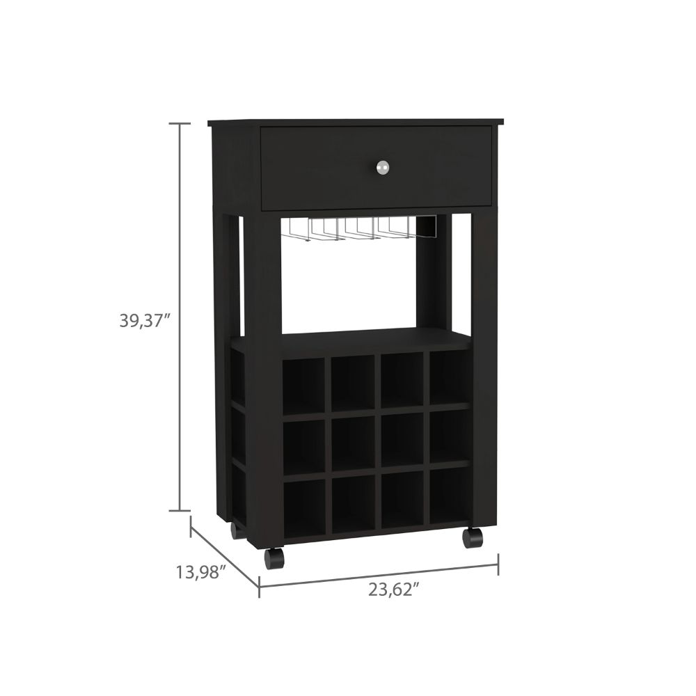 39" H black bar- coffee cart, Kitchen or living room cabinet storage, with 12 bottle racks, a central shelf with  1 Cup holders, 1 drawer ideal for storing small things