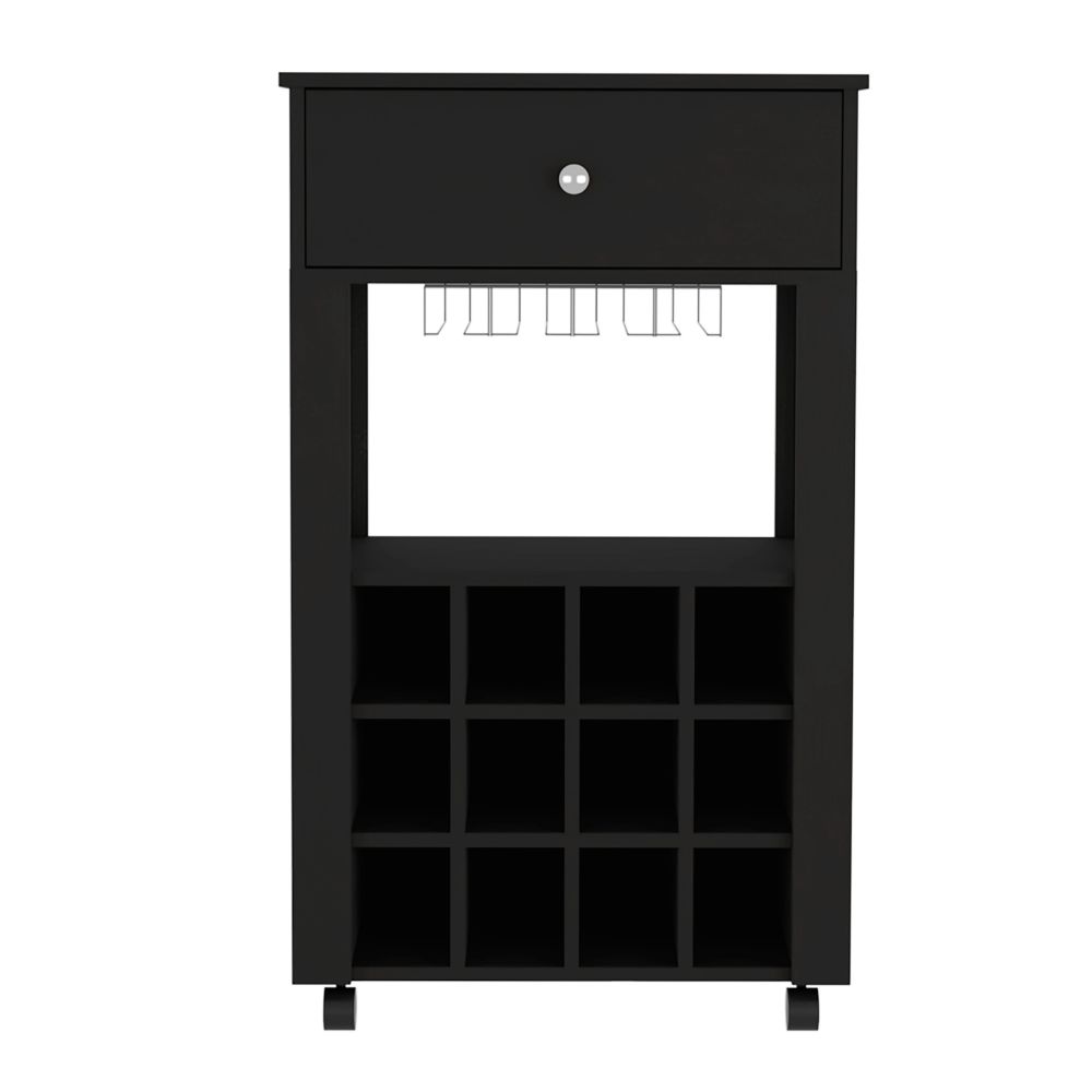 39" H black bar- coffee cart, Kitchen or living room cabinet storage, with 12 bottle racks, a central shelf with  1 Cup holders, 1 drawer ideal for storing small things