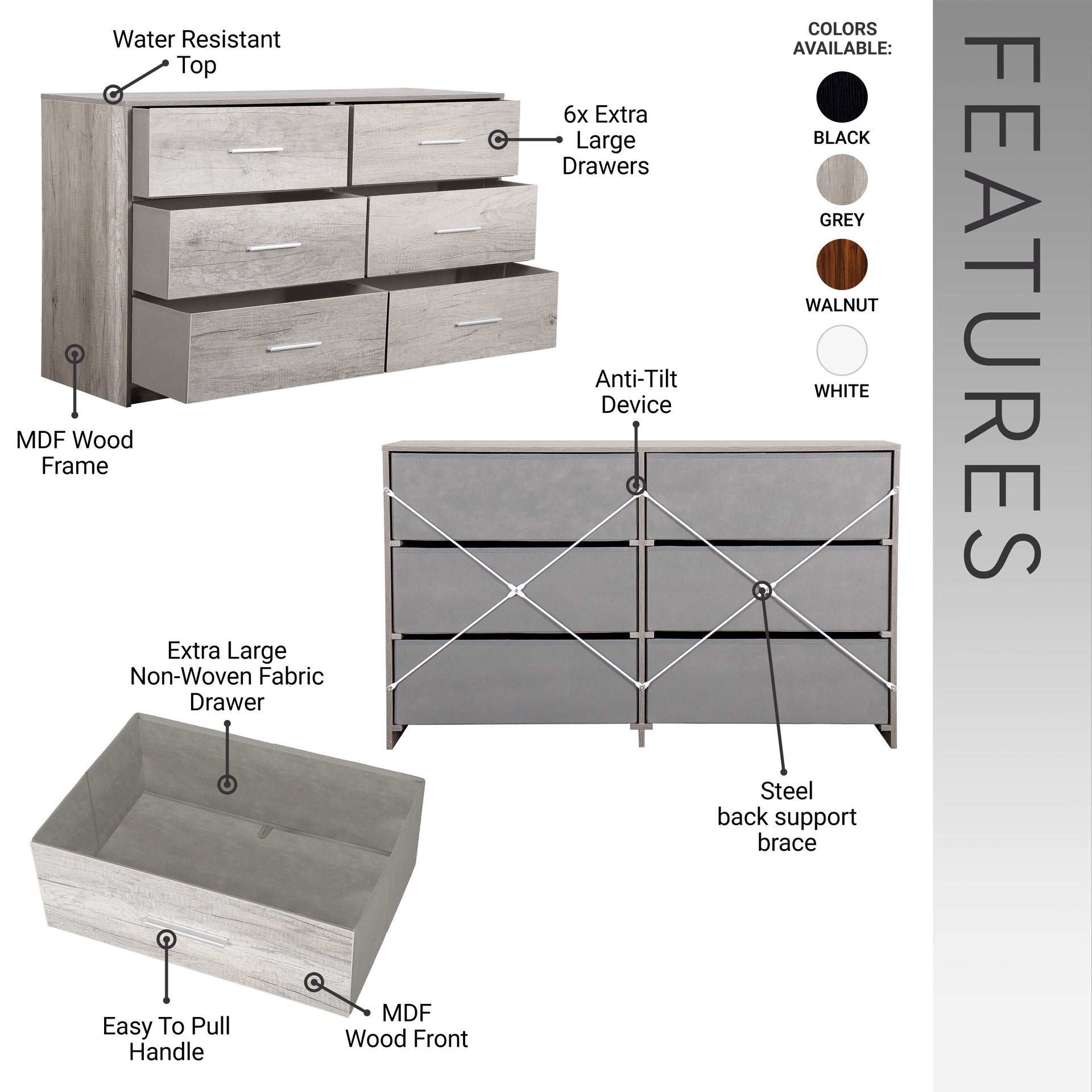 6-Drawer Dresser with Large Fabric Drawers, Grey