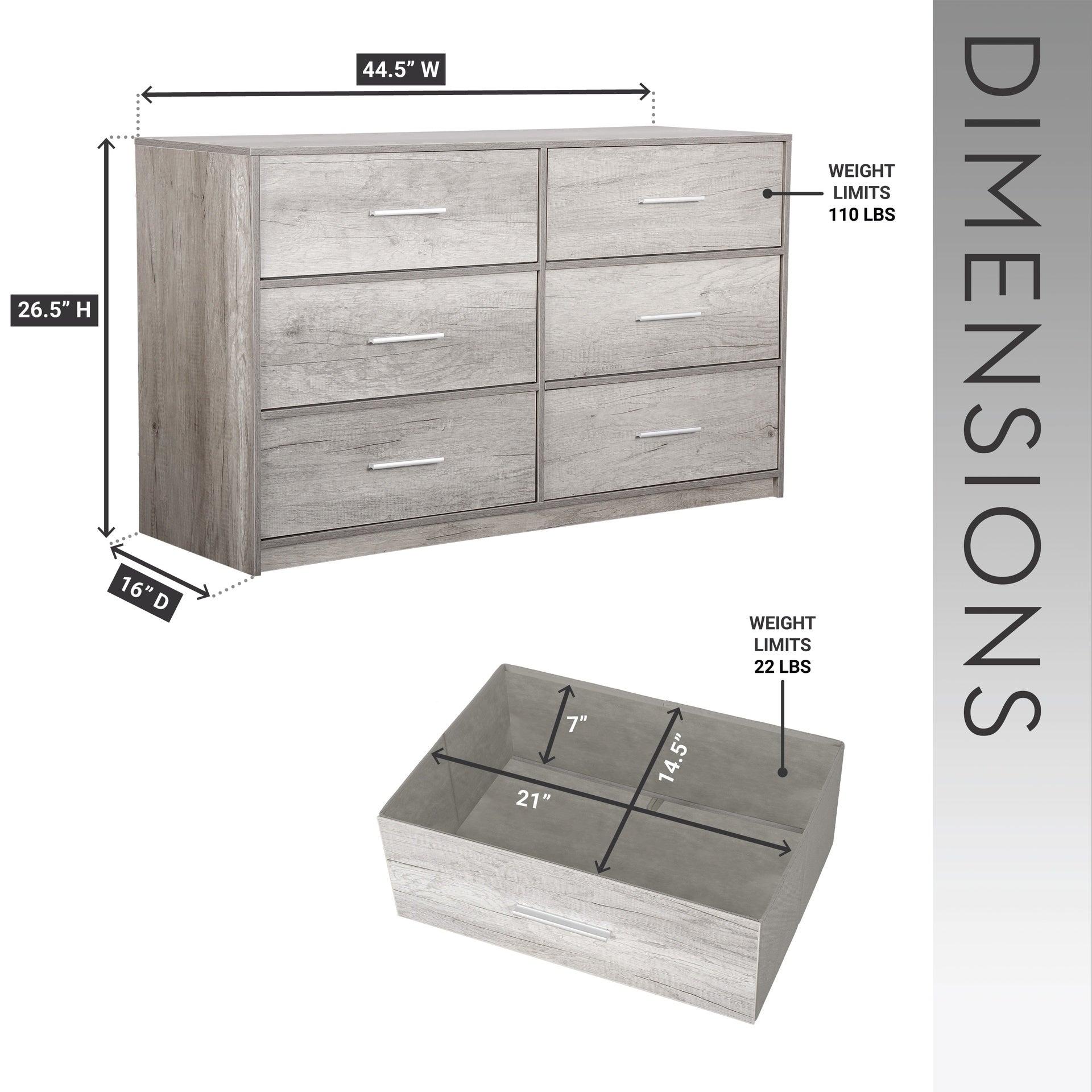 6-Drawer Dresser with Large Fabric Drawers, Grey