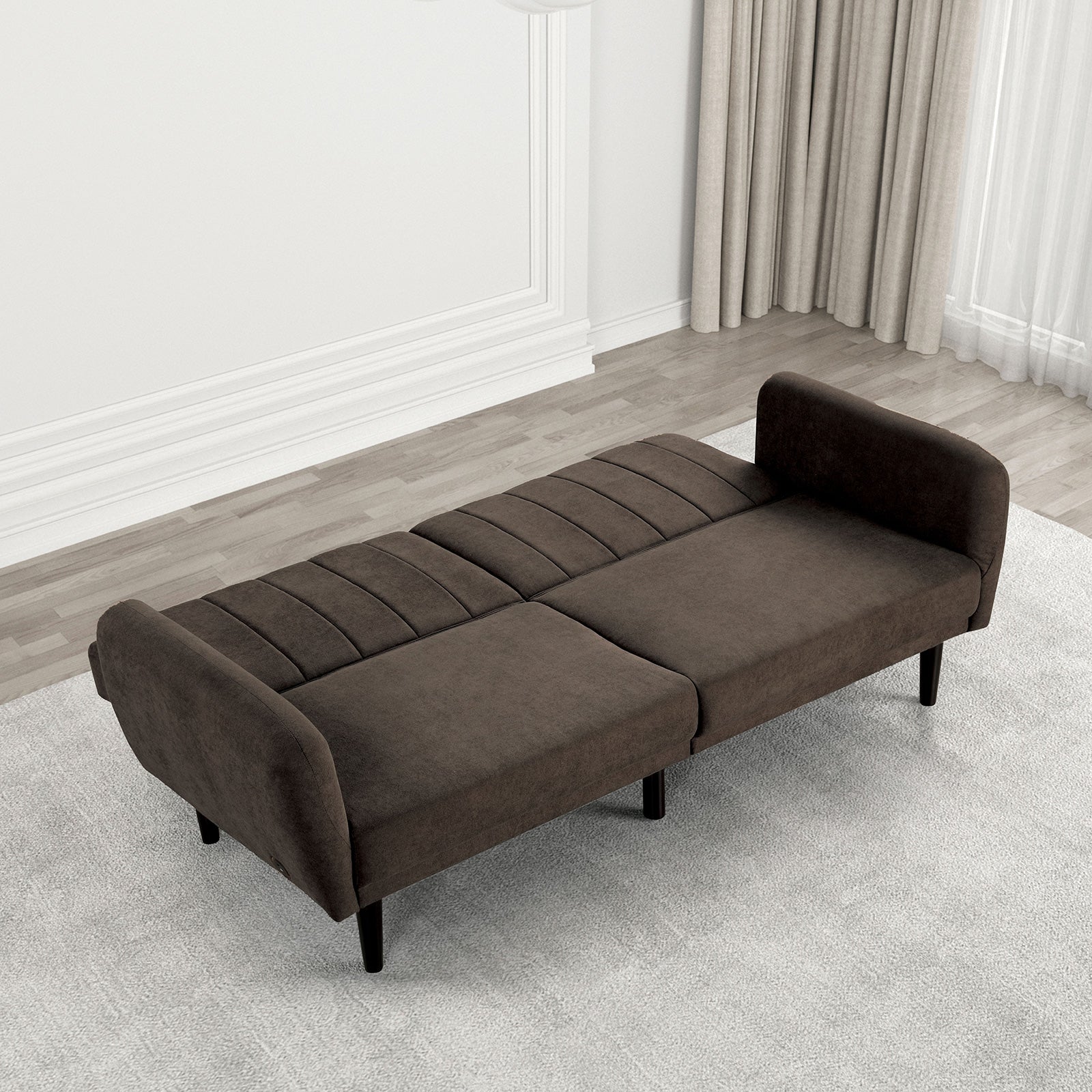 Futon Sofa Brown Color Converts into Bed Tufted Fabric Iron Leg Back Support 1pc Sofa Pocket Coil