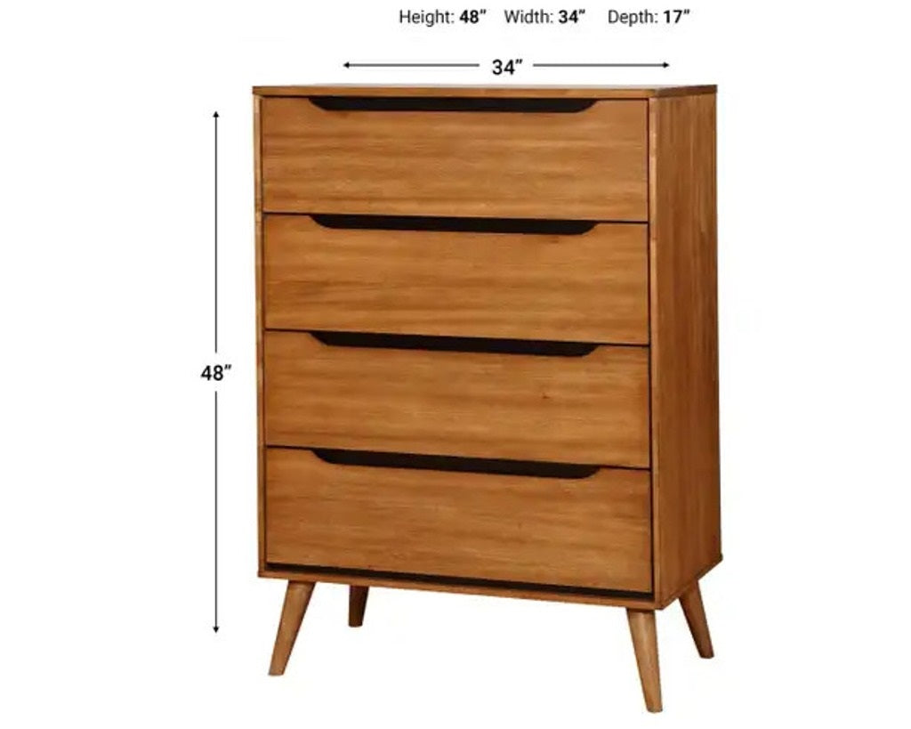 1pc Chest Modern Mid-Century Style Recessed Drawers Handle Tapered Round Legs Four Drawers Oak Finish