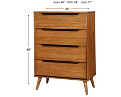 1pc Chest Modern Mid-Century Style Recessed Drawers Handle Tapered Round Legs Four Drawers Oak Finish