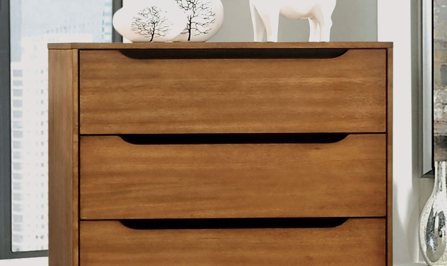 1pc Chest Modern Mid-Century Style Recessed Drawers Handle Tapered Round Legs Four Drawers Oak Finish