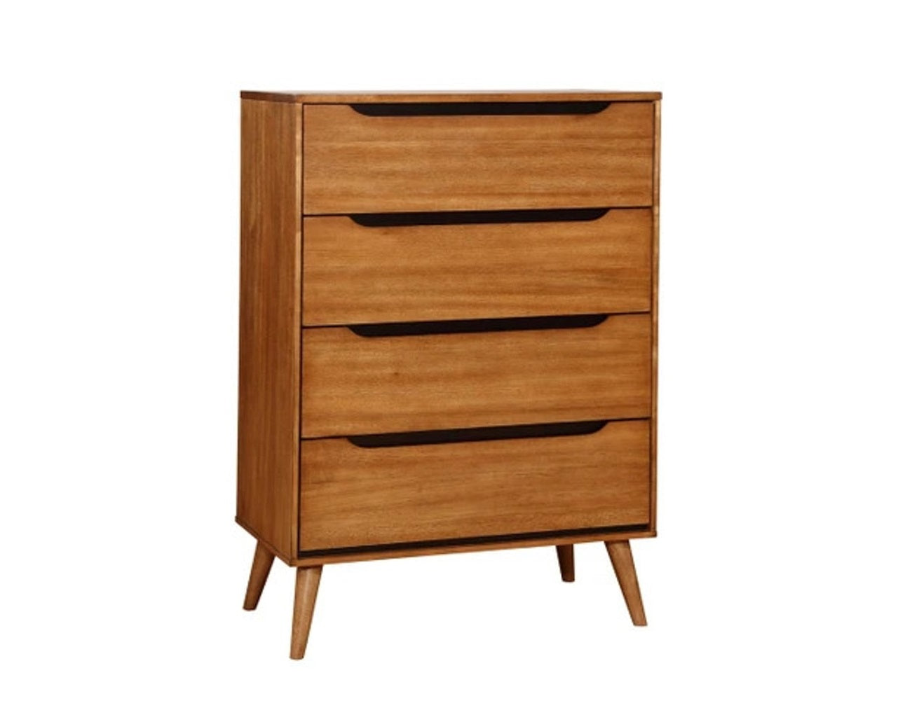 1pc Chest Modern Mid-Century Style Recessed Drawers Handle Tapered Round Legs Four Drawers Oak Finish