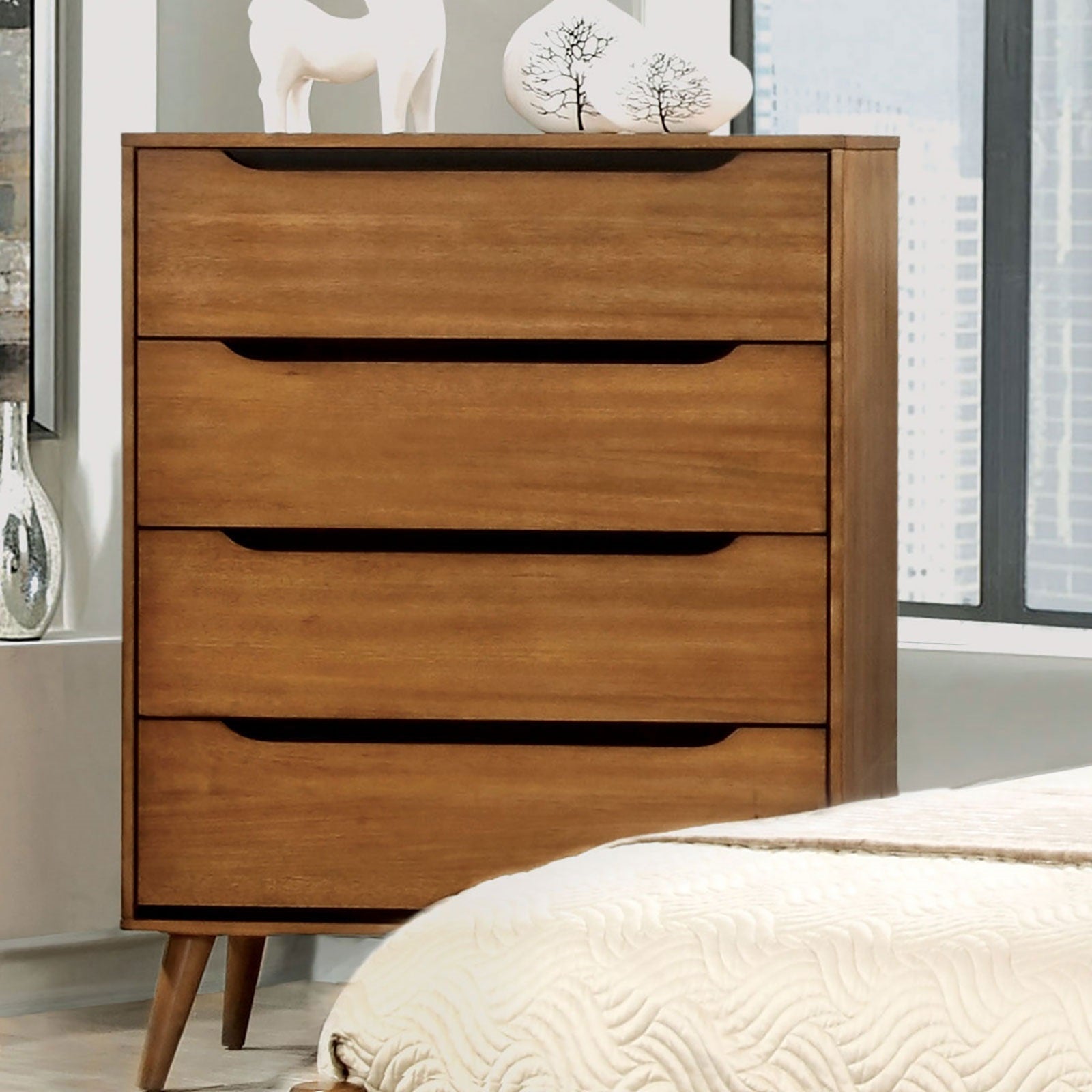 1pc Chest Modern Mid-Century Style Recessed Drawers Handle Tapered Round Legs Four Drawers Oak Finish