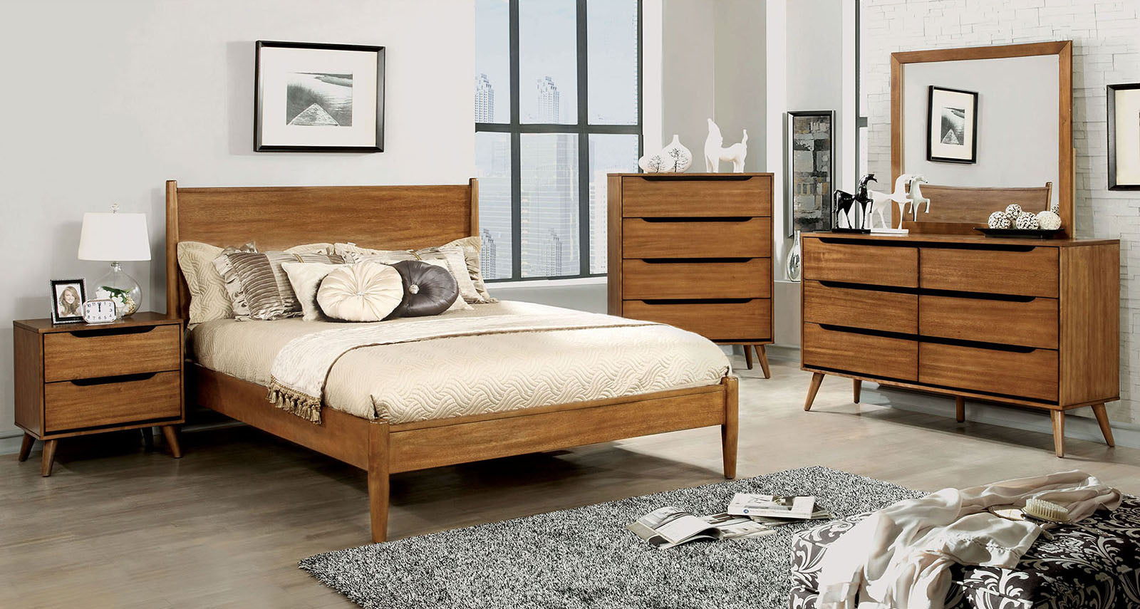 1pc Chest Modern Mid-Century Style Recessed Drawers Handle Tapered Round Legs Four Drawers Oak Finish