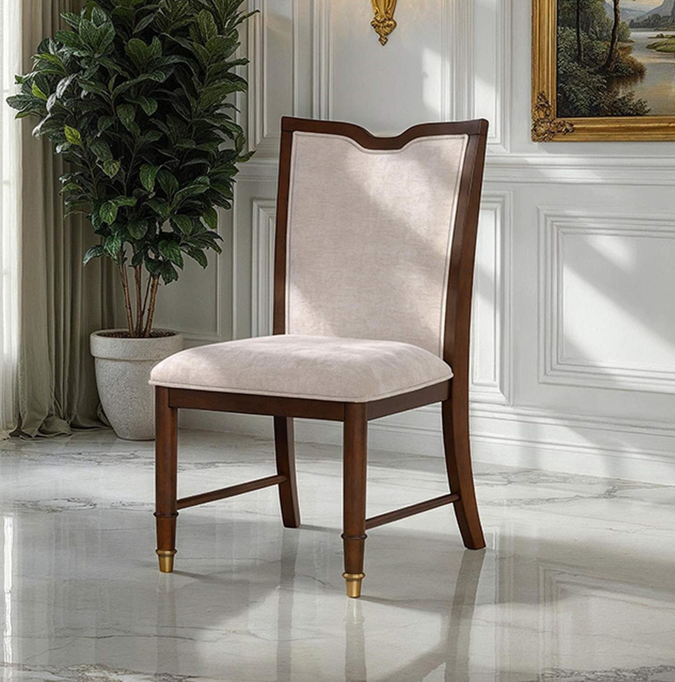 Transitional Style 2pc Side Armless Chair Upholstered Seat And Back Gold Capped Legs Dark Cherry Finish Dining Room