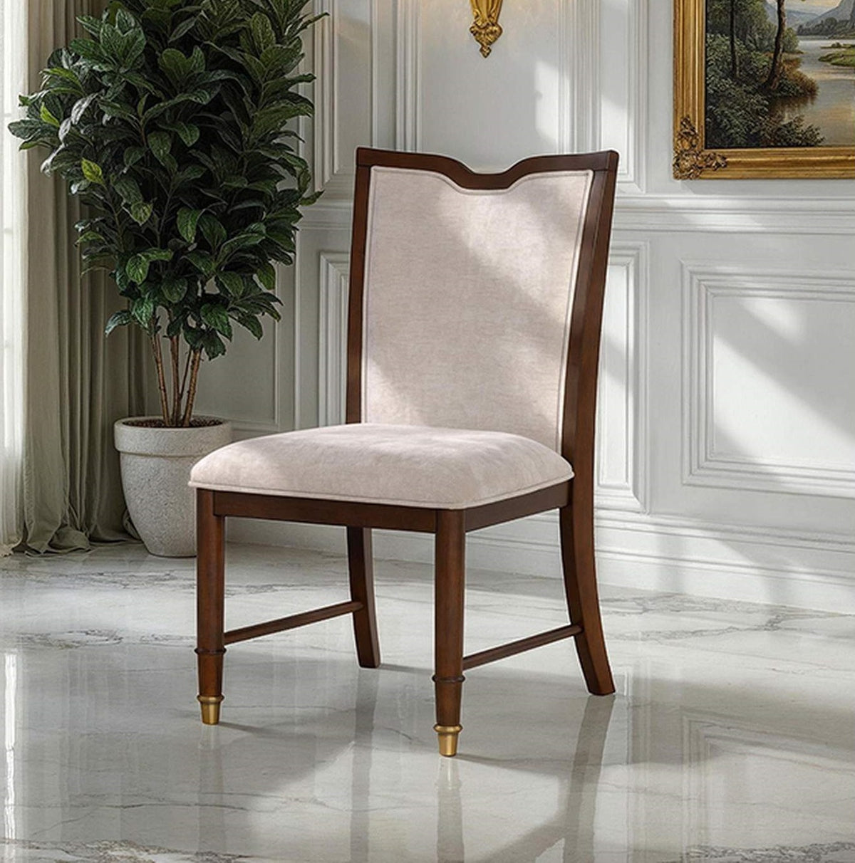 Transitional Style 2pc Side Armless Chair Upholstered Seat And Back Gold Capped Legs Dark Cherry Finish Dining Room