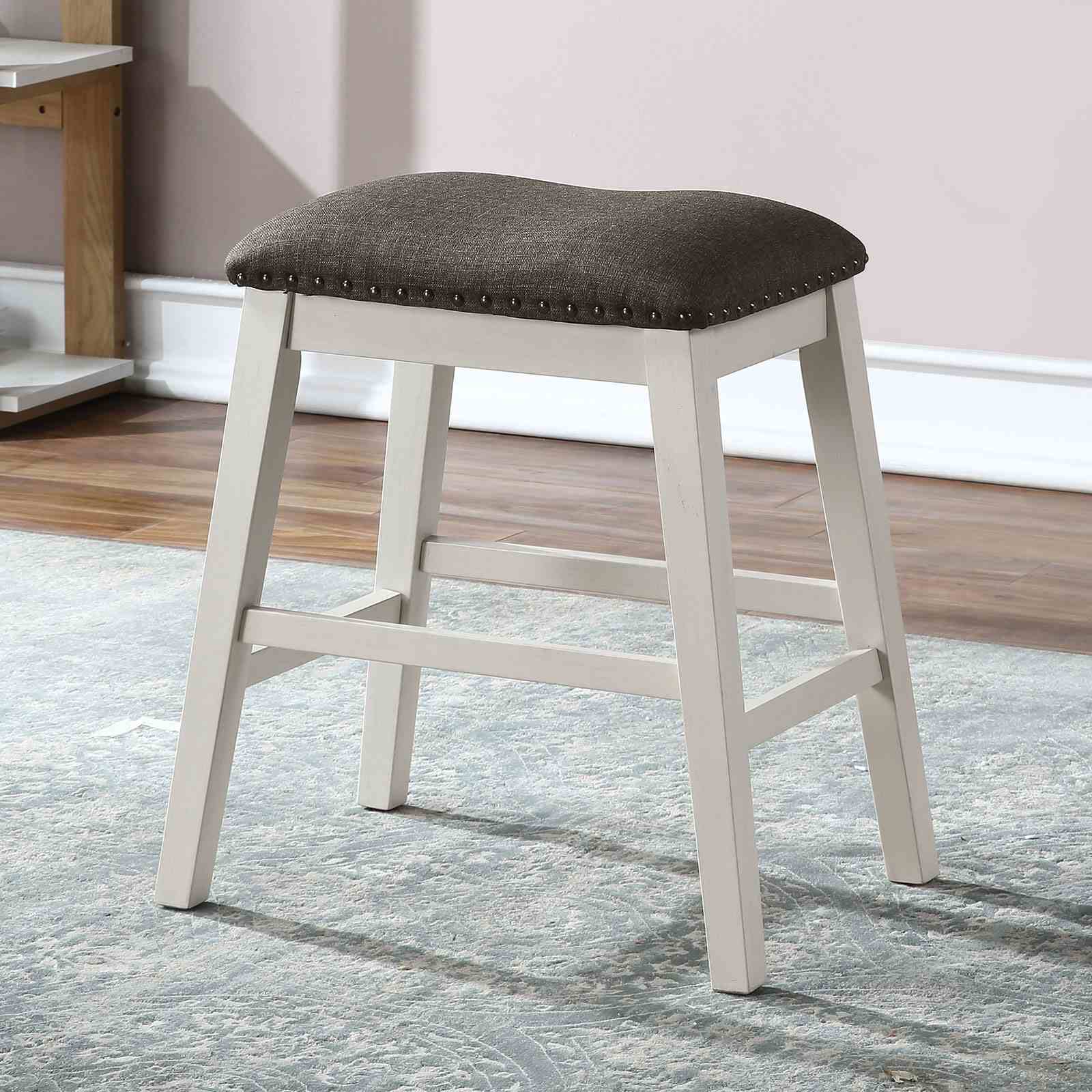 Set of 2pc Counter Height Stool Off White Dark Gray Finish Transitional Style Padded Fabric Seat Padded Fabric Contoured Seat