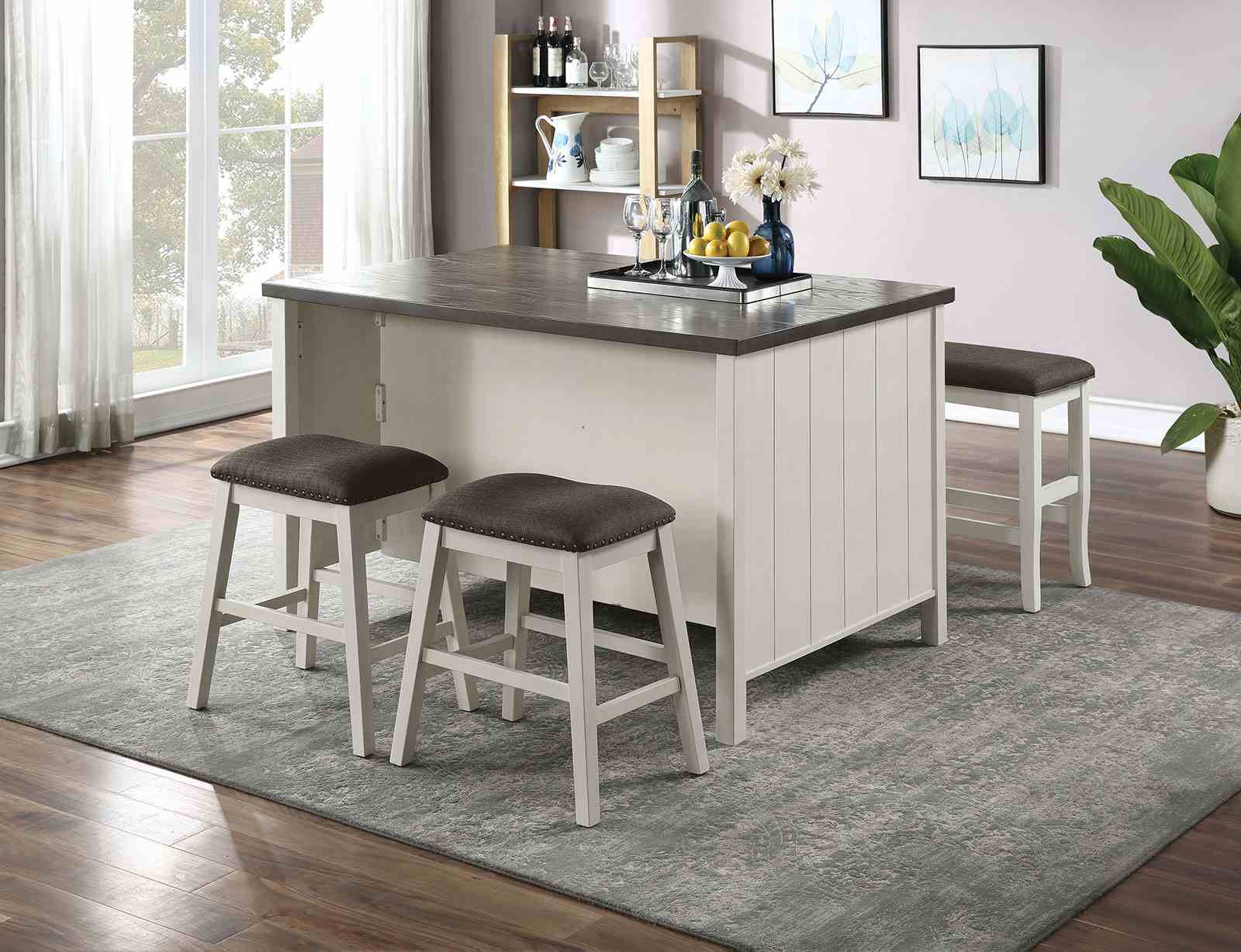 Set of 2pc Counter Height Stool Off White Dark Gray Finish Transitional Style Padded Fabric Seat Padded Fabric Contoured Seat