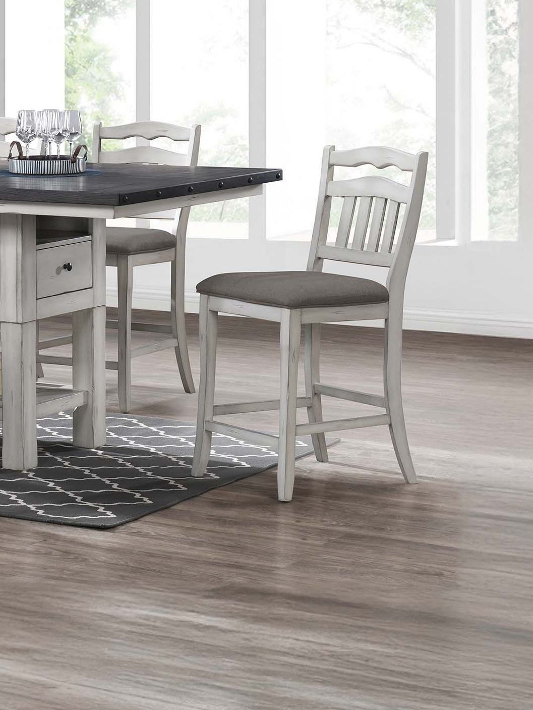 Contemporary Antique White Counter Height Chairs Upholstered Cushion Seat Ladder Back 2pc Dining High Chairs Kitchen Dining Room