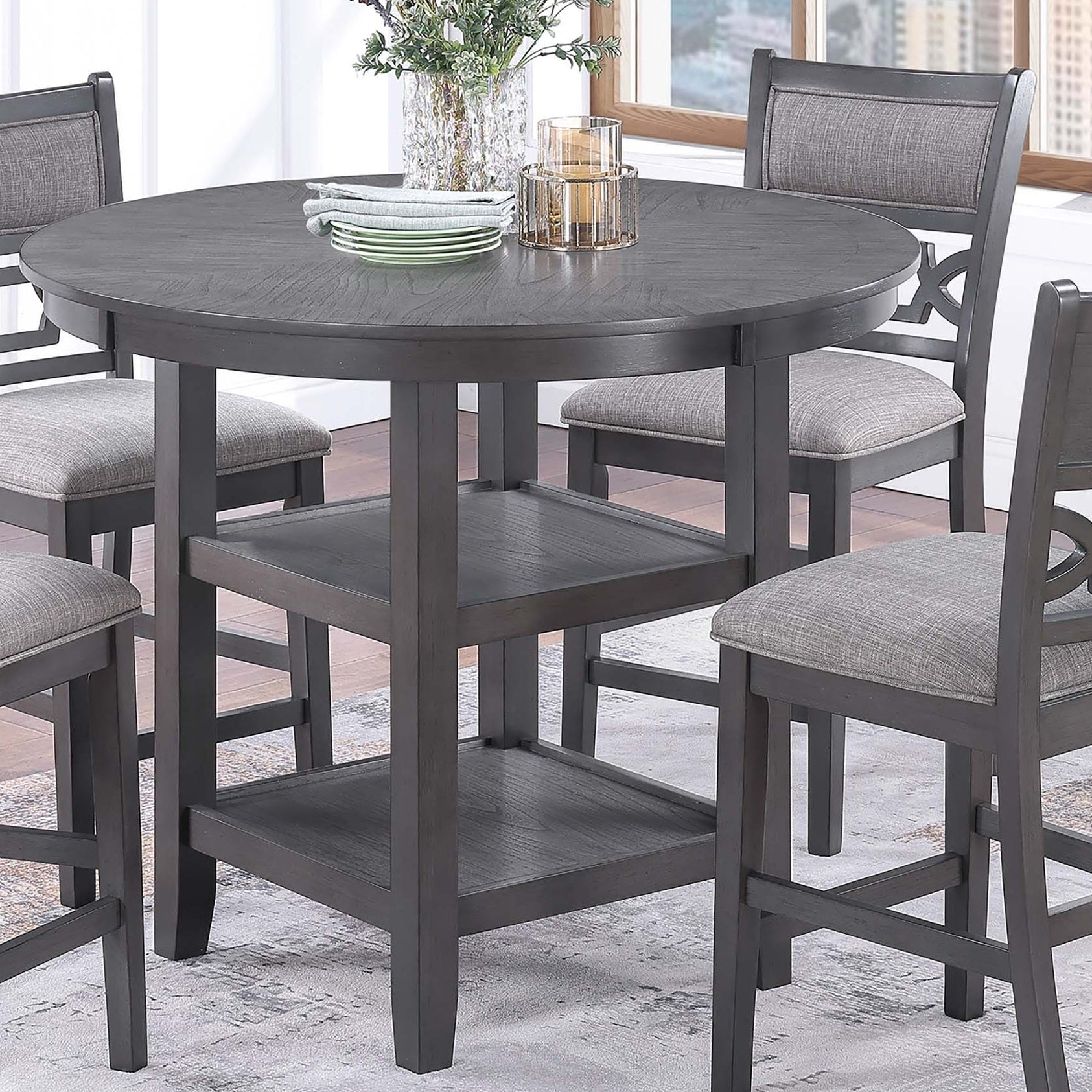 Gray Color 5pc Counter Height Dining Set Round Table w Shelves 4x High Chairs Modern Contemporary Dining Room Furniture