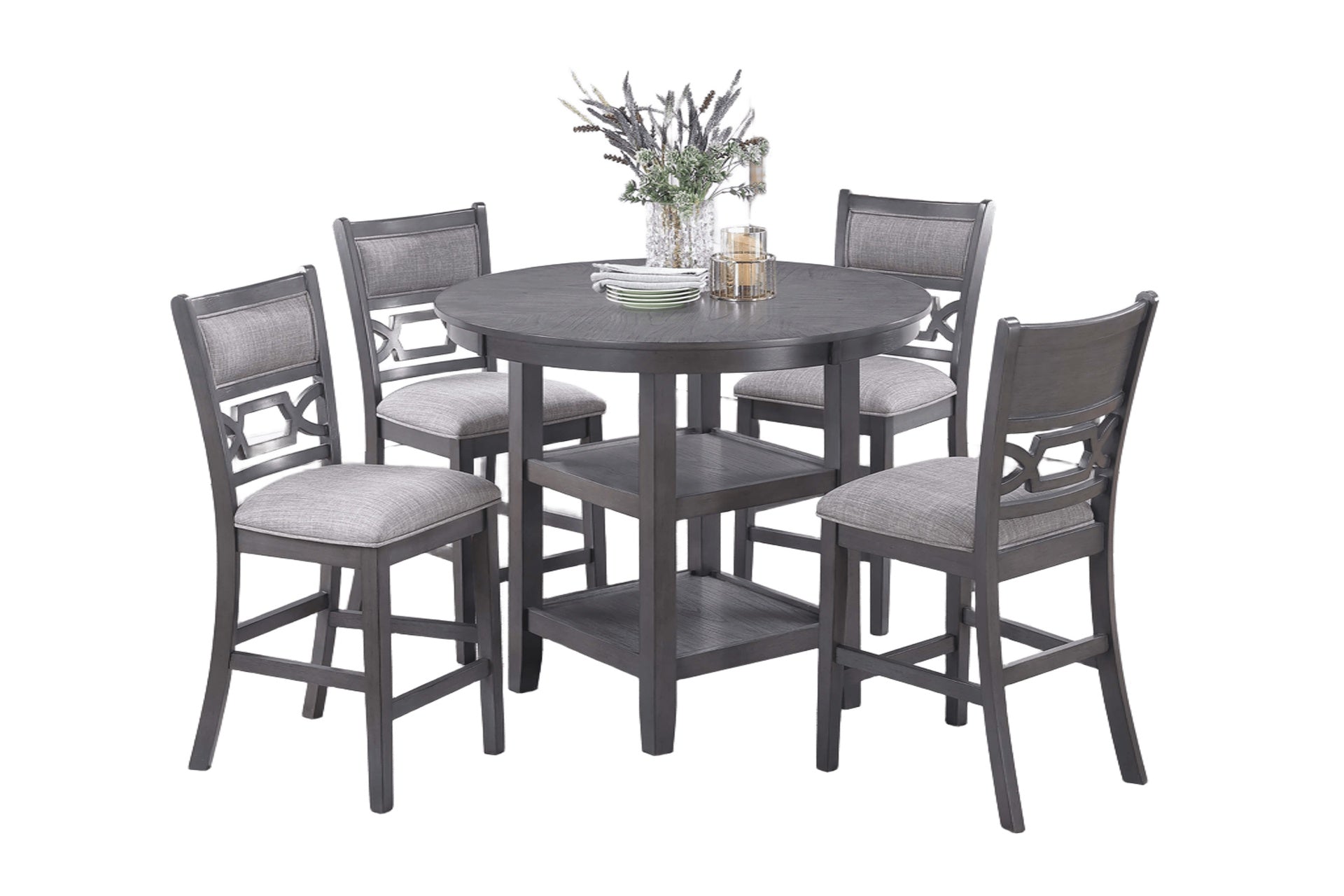 Gray Color 5pc Counter Height Dining Set Round Table w Shelves 4x High Chairs Modern Contemporary Dining Room Furniture