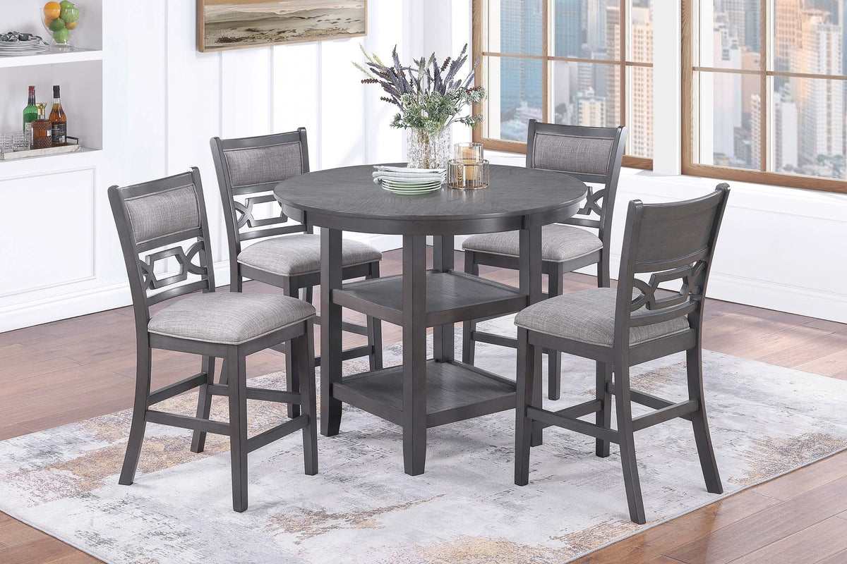Gray Color 5pc Counter Height Dining Set Round Table w Shelves 4x High Chairs Modern Contemporary Dining Room Furniture