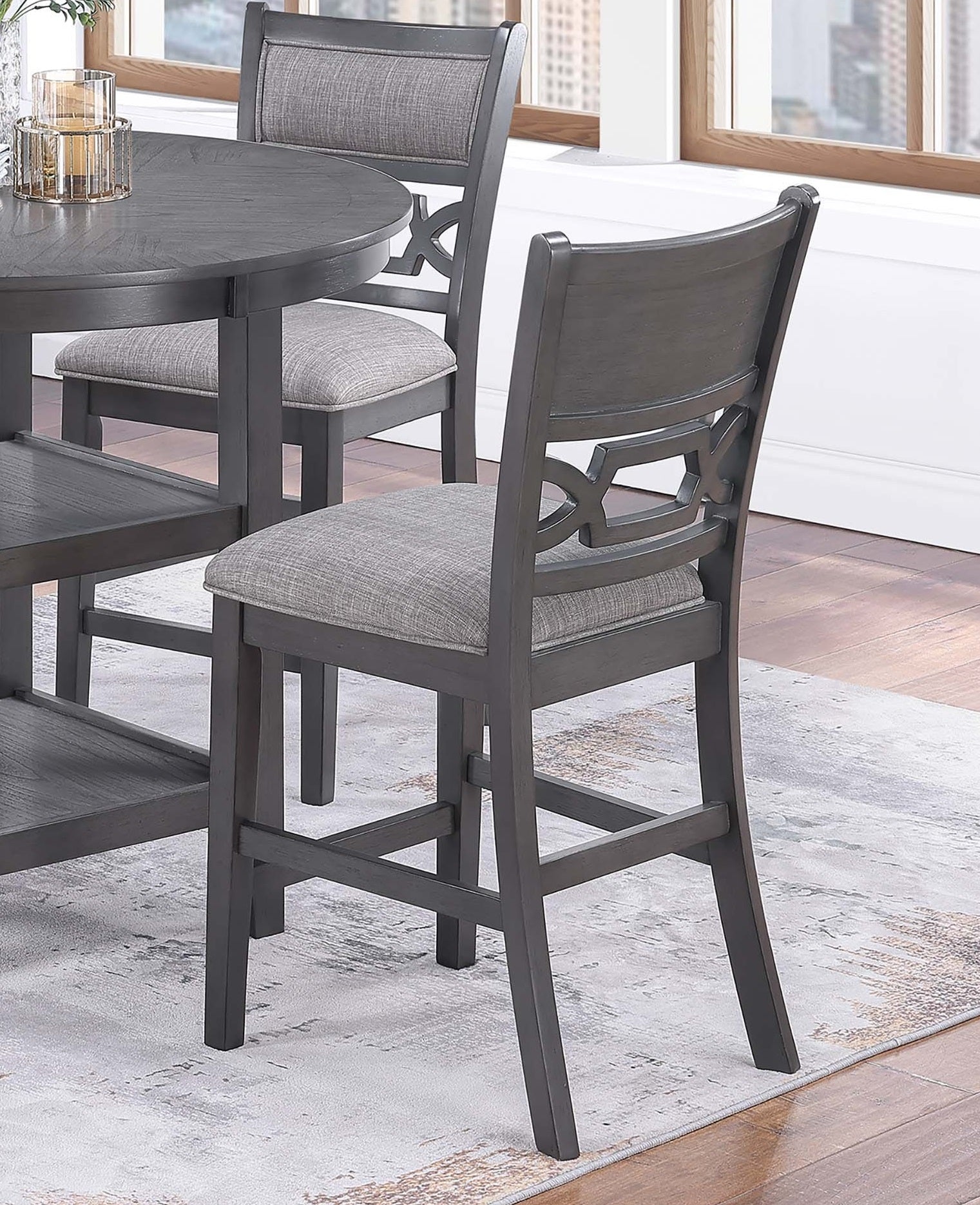 Gray Color 5pc Counter Height Dining Set Round Table w Shelves 4x High Chairs Modern Contemporary Dining Room Furniture