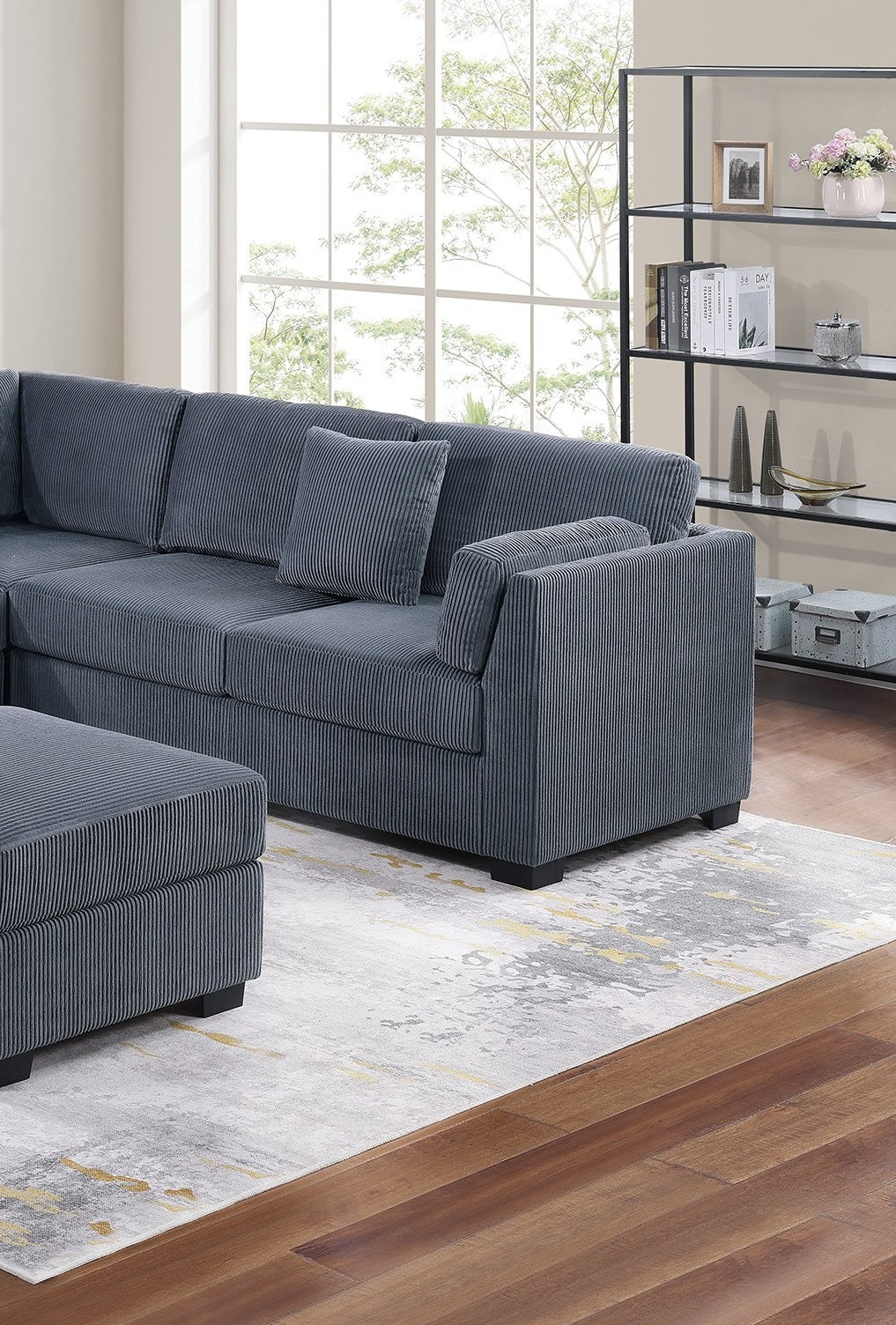 L-Sectional RAF/LAF One Arm-Loveseat Corner Wedge Cocktail Ottoman Dark Gray Corduroy Upholstered Pillows 4pc Sectional Sofa Set