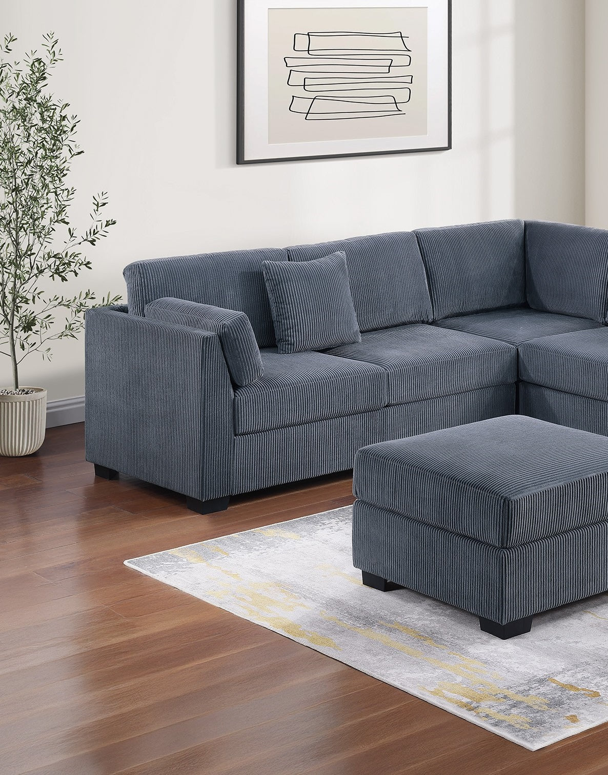 L-Sectional RAF/LAF One Arm-Loveseat Corner Wedge Cocktail Ottoman Dark Gray Corduroy Upholstered Pillows 4pc Sectional Sofa Set