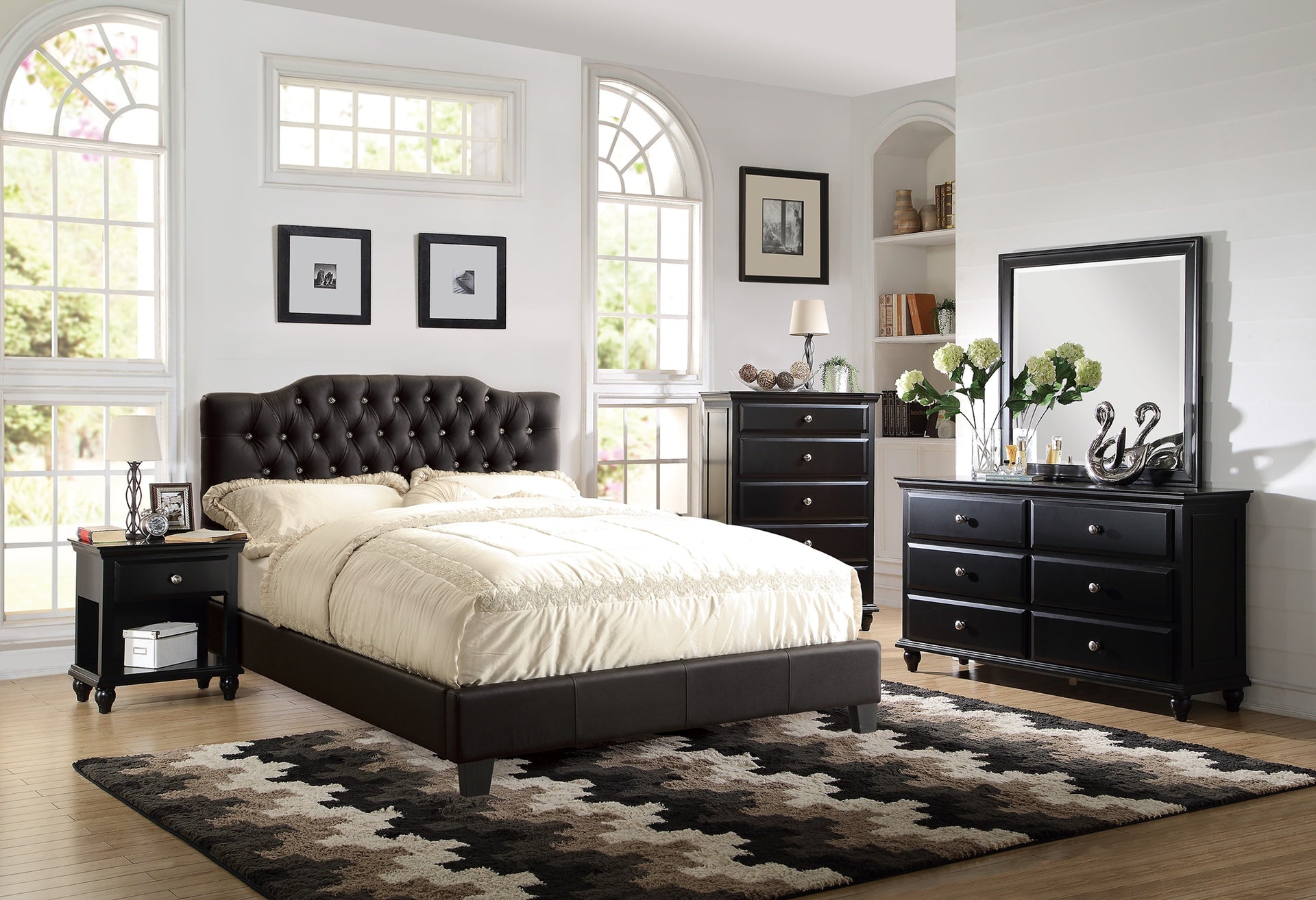Black Faux Leather Gorgeous Queen Size Bed 1pc Bedframe Modern Tufted Upholstered Headboard Bedroom Furniture