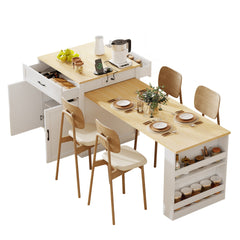 K&K 82.7 inch Kitchen Island with Extendable Dining Table for 4-6 Person,Two-tone Kitchen Table with Double-sized Storage, Power Outlet, Kitchen island with Storage 2 Drawers 2 Side Open Shelves,White