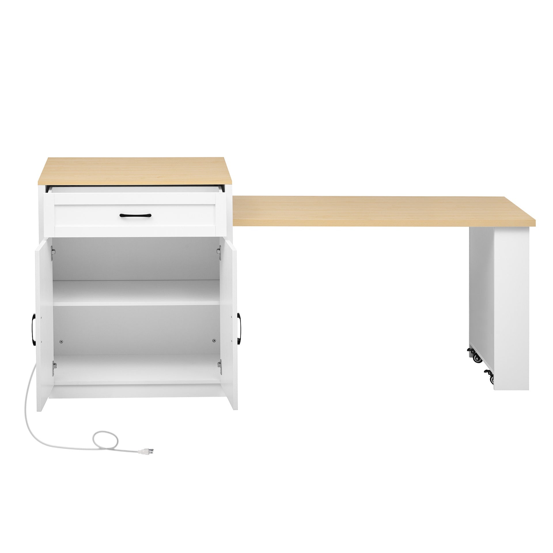 K&K 82.7 inch Kitchen Island with Extendable Dining Table for 4-6 Person,Two-tone Kitchen Table with Double-sized Storage, Power Outlet, Kitchen island with Storage 2 Drawers 2 Side Open Shelves,White