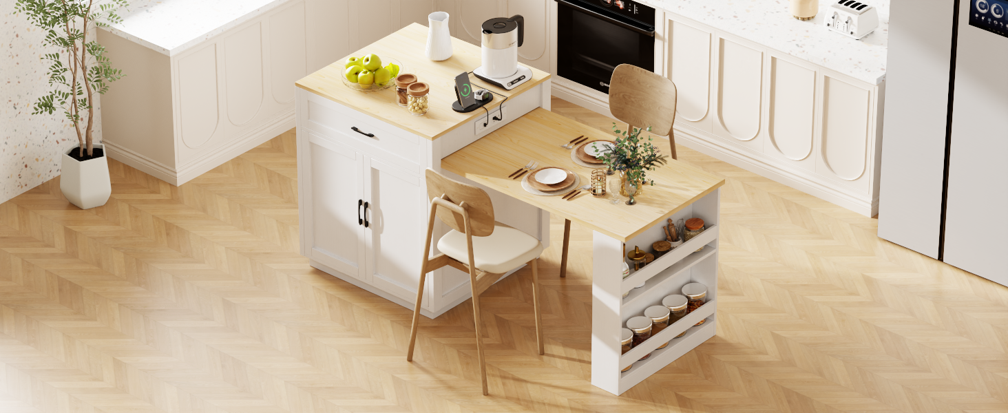 K&K 82.7 inch Kitchen Island with Extendable Dining Table for 4-6 Person,Two-tone Kitchen Table with Double-sized Storage, Power Outlet, Kitchen island with Storage 2 Drawers 2 Side Open Shelves,White