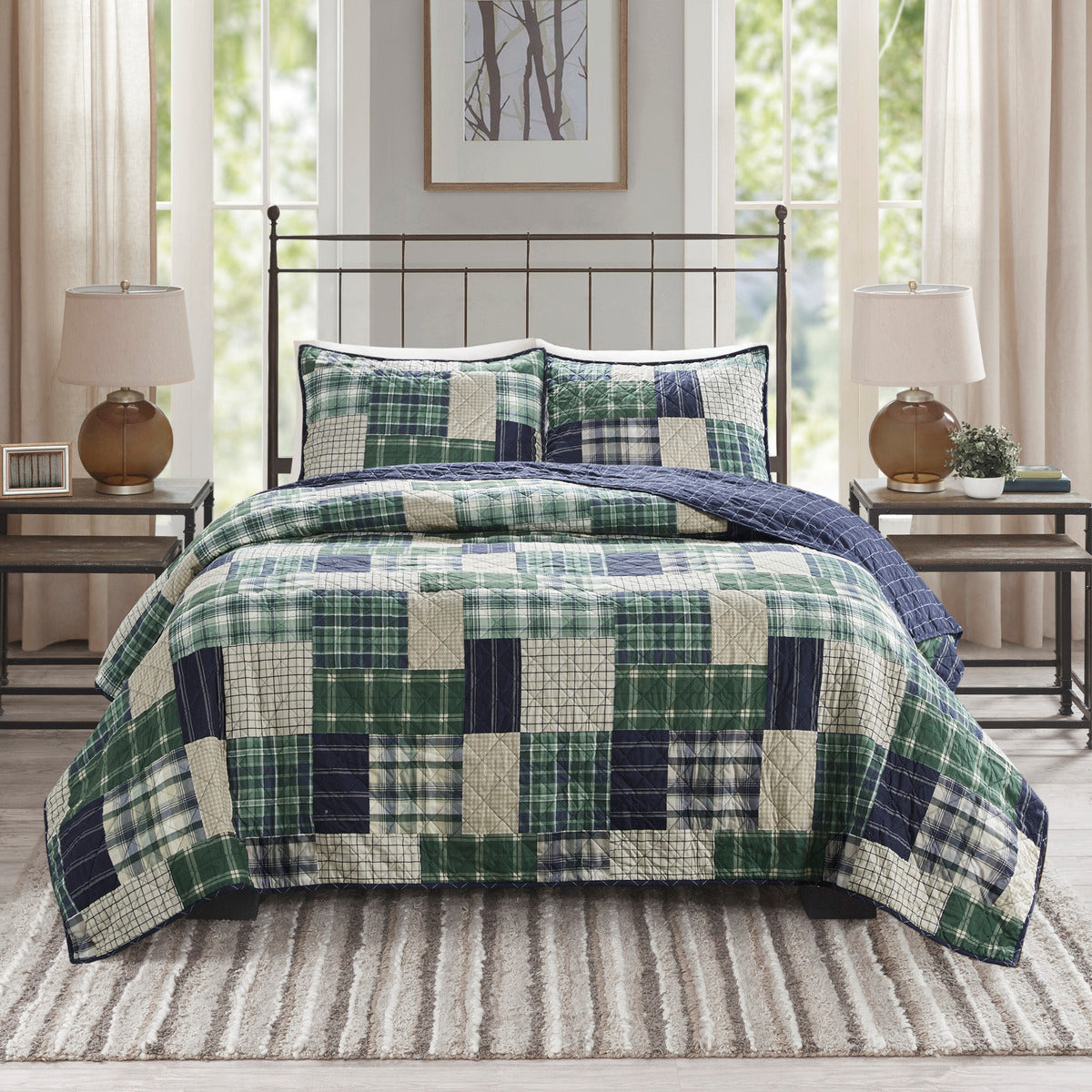 3 Piece Reversible Printed Quilt Set Green / Navy Full/Queen