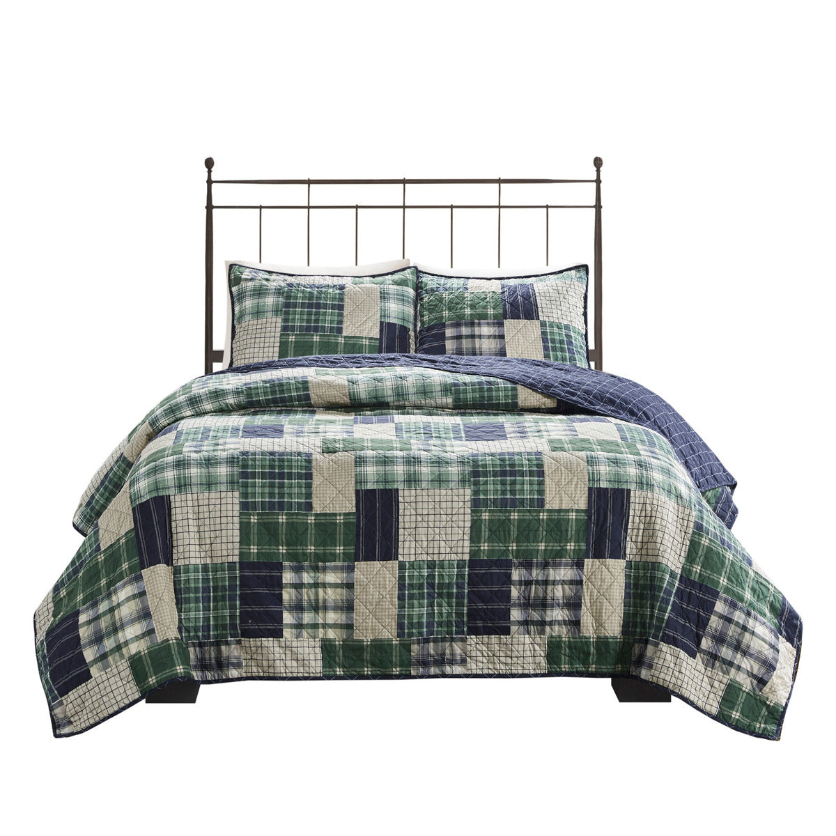 3 Piece Reversible Printed Quilt Set Green / Navy Full/Queen