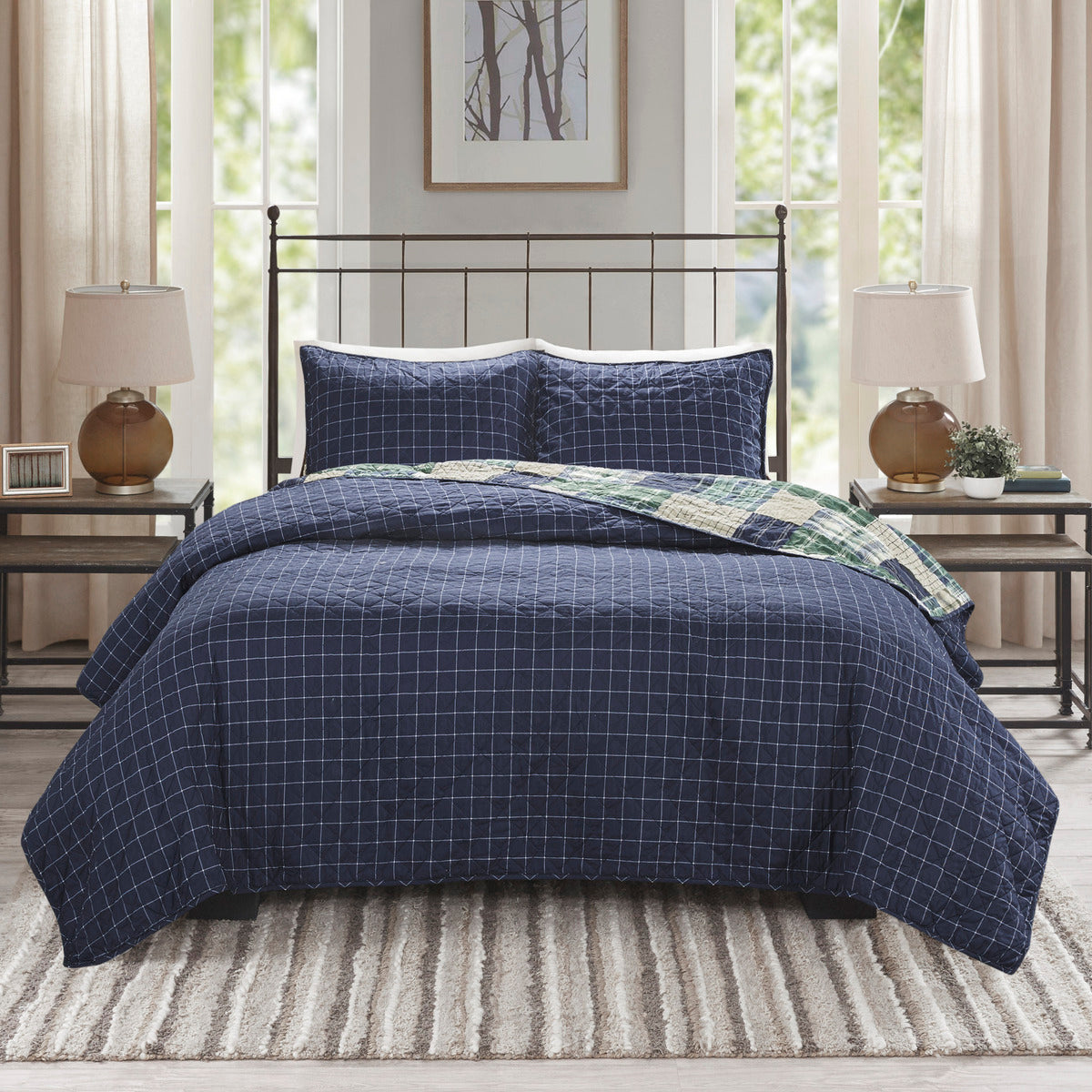 3 Piece Reversible Printed Quilt Set Green / Navy Full/Queen