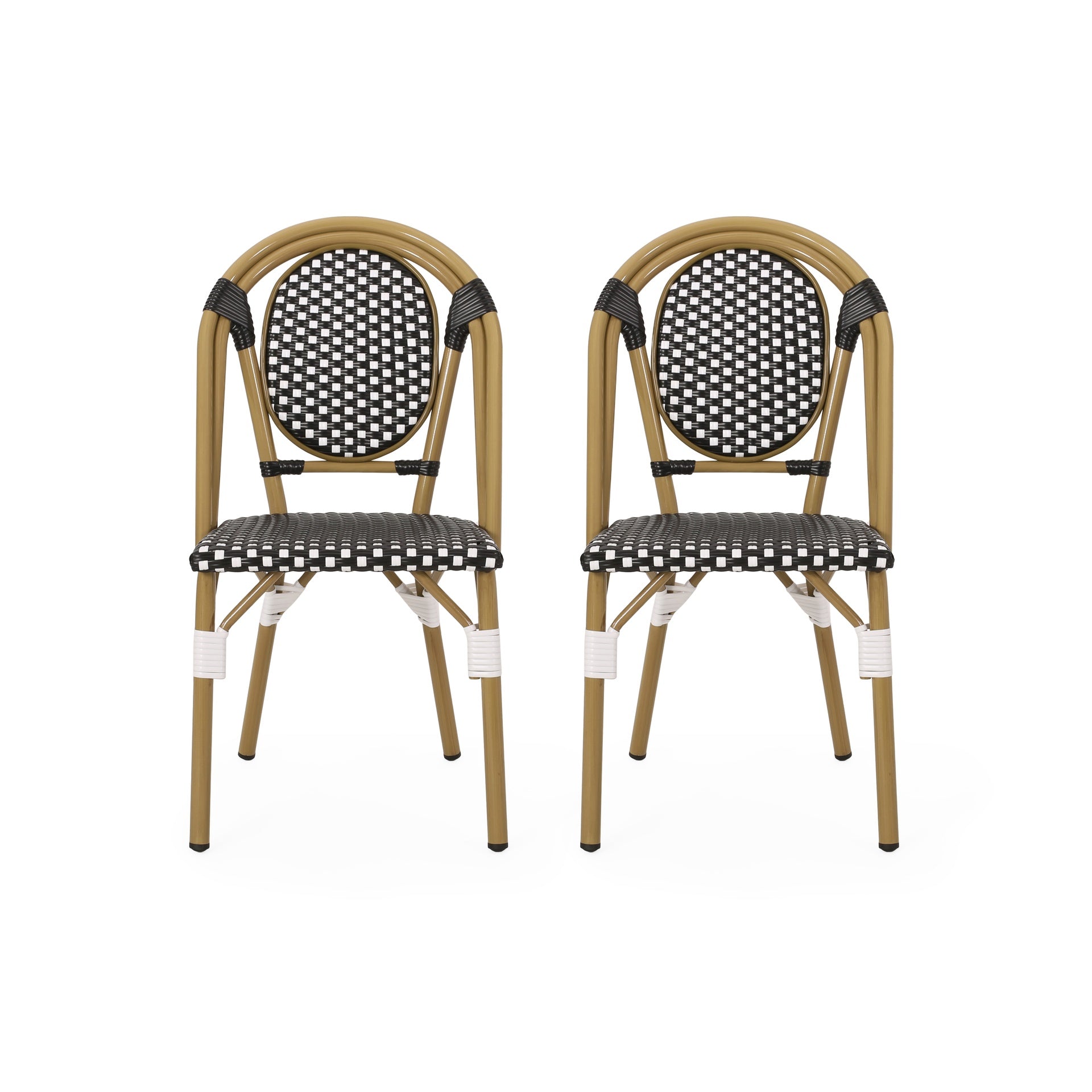 Outdoor PE Ratten and Aluminum French Bistro Chair, Set of 2, Black & White, Bamboo Print Finish
