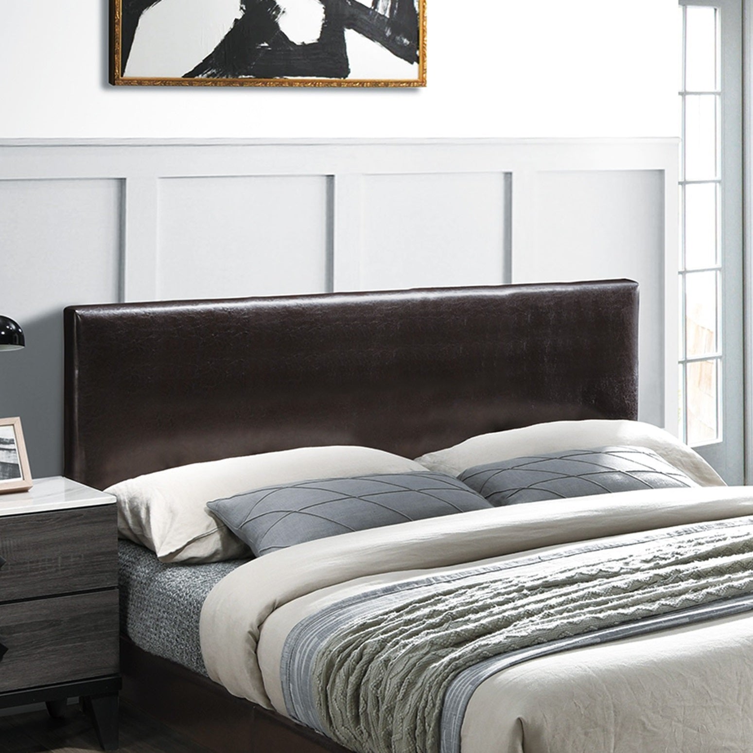 Modern Brown 1pc Queen Size Bed Faux Leather Upholstered Bedframe Bedroom Furniture Adjustable Headboard