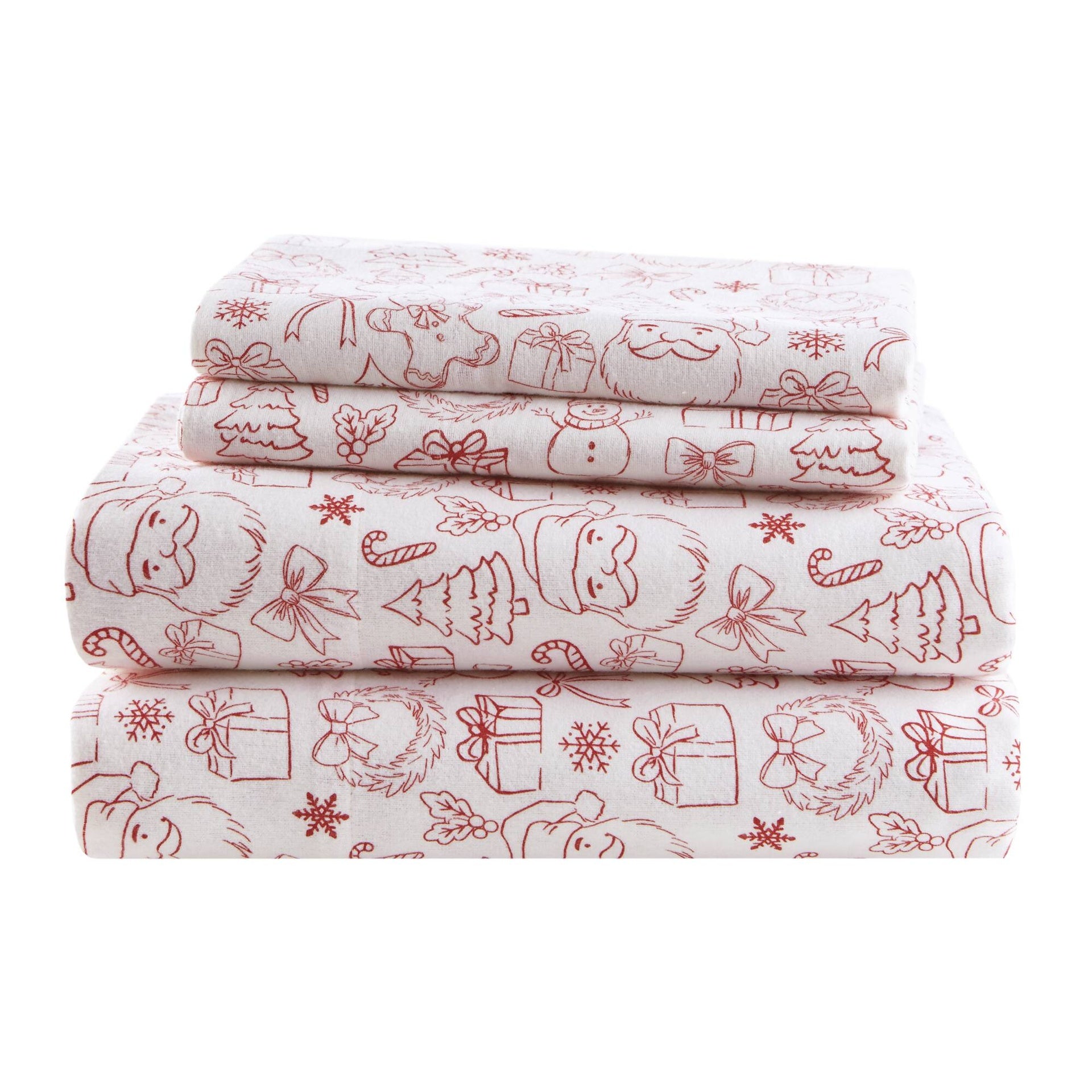 3-Piece Twin 100% Cotton Flannel Pigment Printed Sheet Set,Holiday Doodles